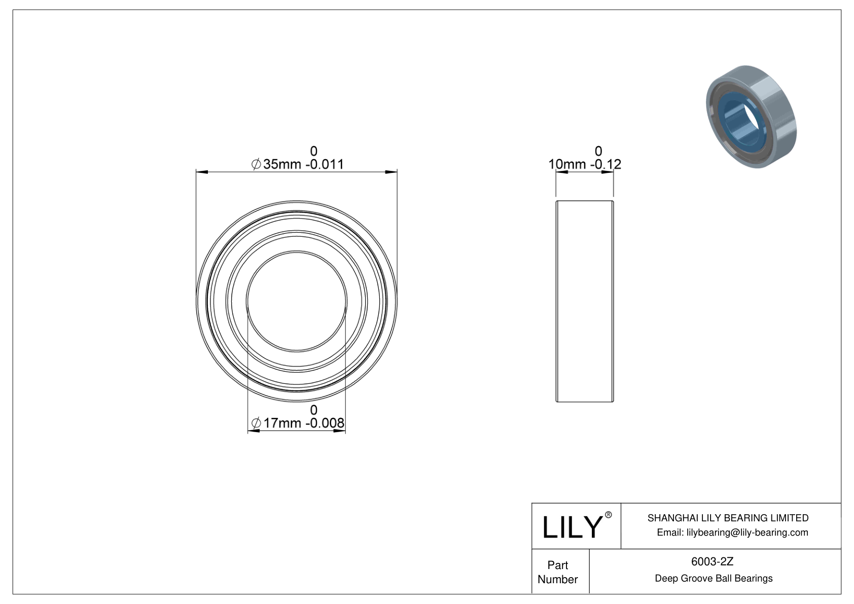 6003-2Z Rodamiento general de bolas de ranura profunda cad drawing