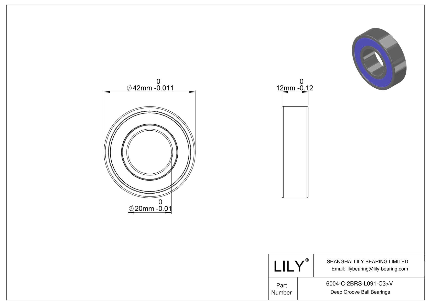 6004-C-2BRS-L091-C3>V General Deep Groove Ball Bearing cad drawing