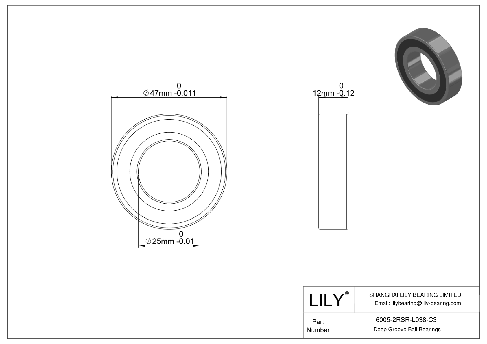 6005-2RSR-L038-C3 General Deep Groove Ball Bearing cad drawing