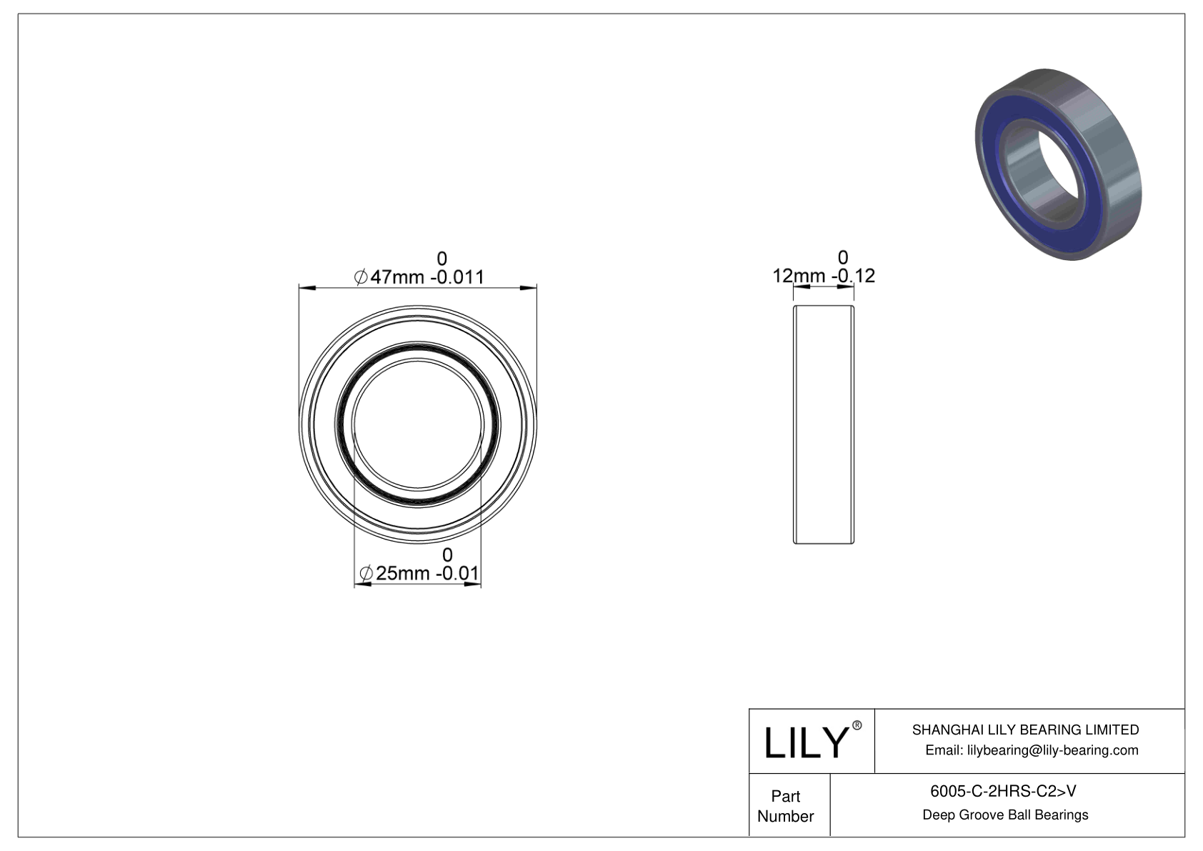 6005-C-2HRS-C2>V General Deep Groove Ball Bearing cad drawing