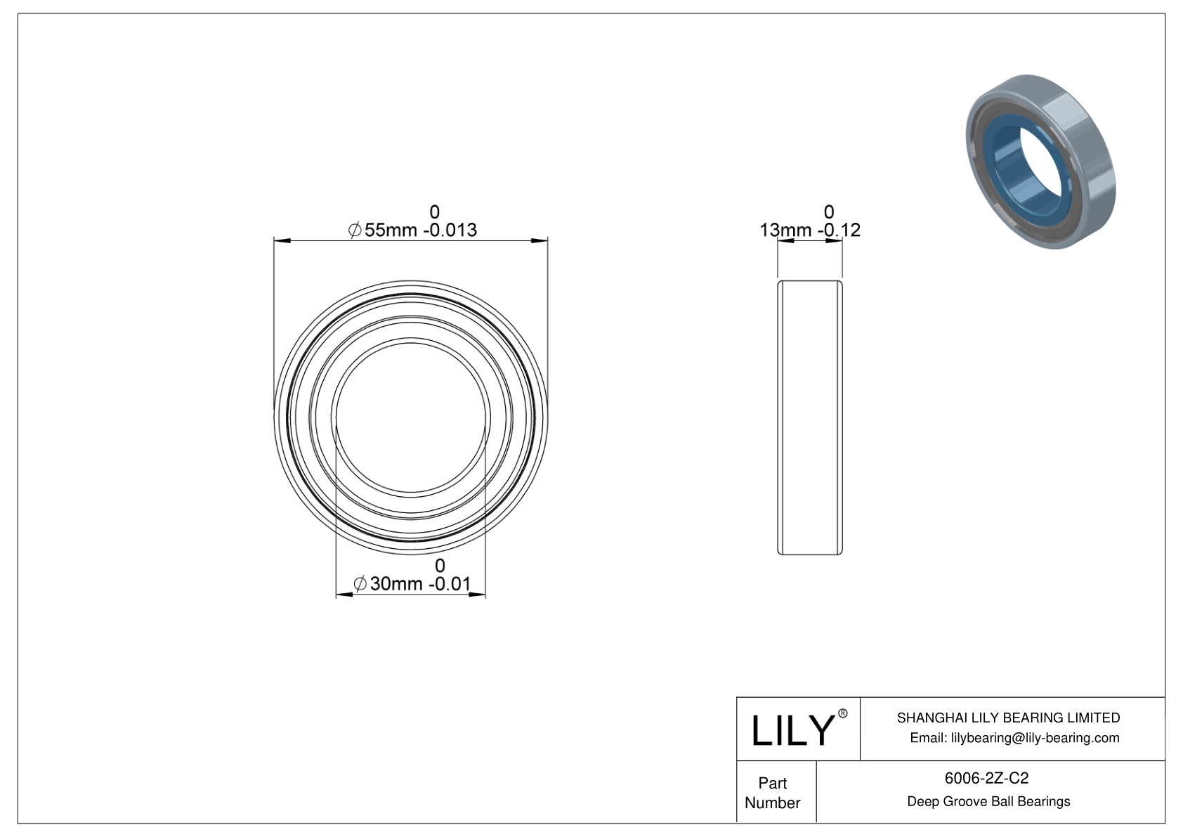 6006-2Z-C2 General Deep Groove Ball Bearing cad drawing