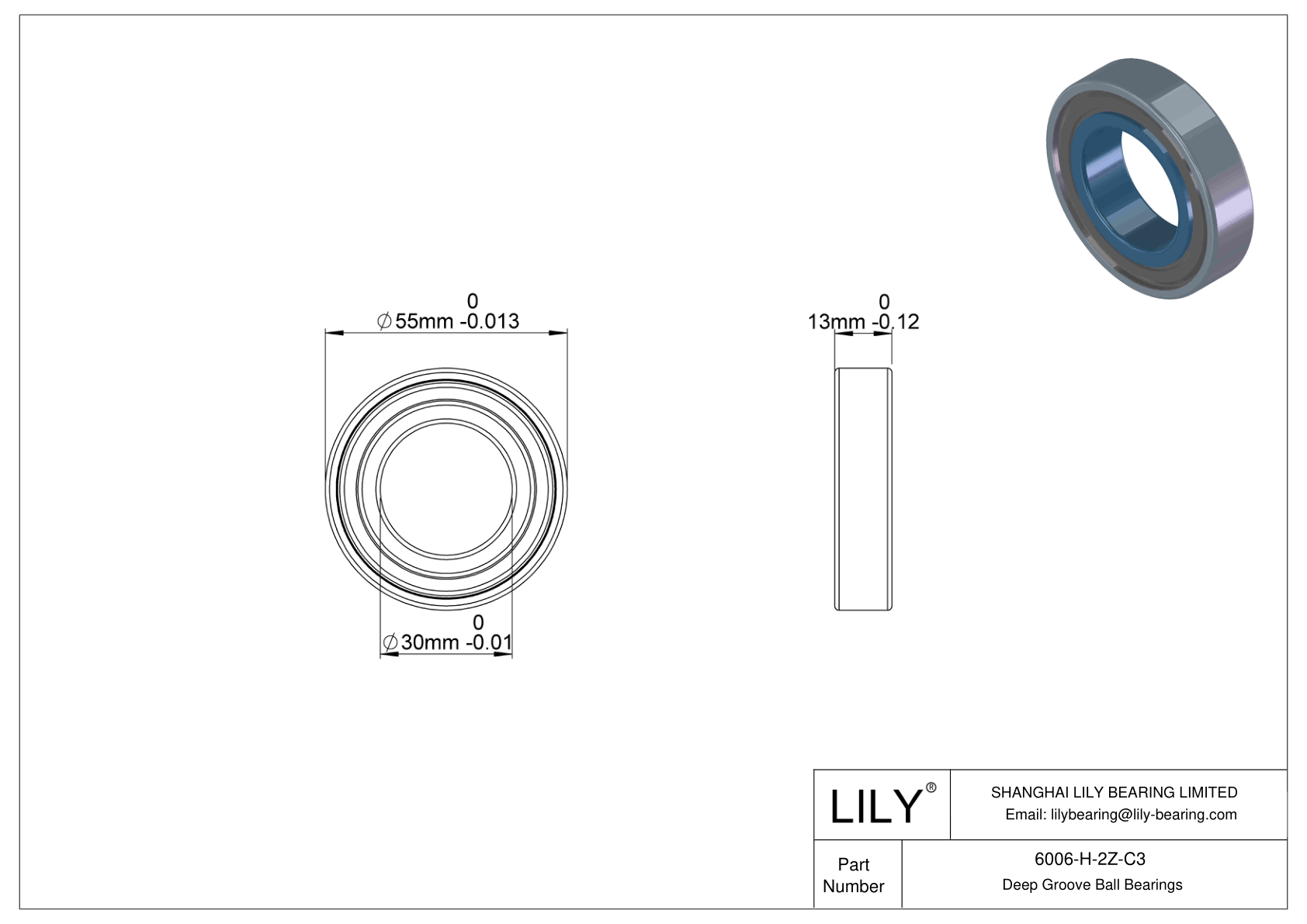 6006-H-2Z-C3 Rodamiento general de bolas de ranura profunda cad drawing