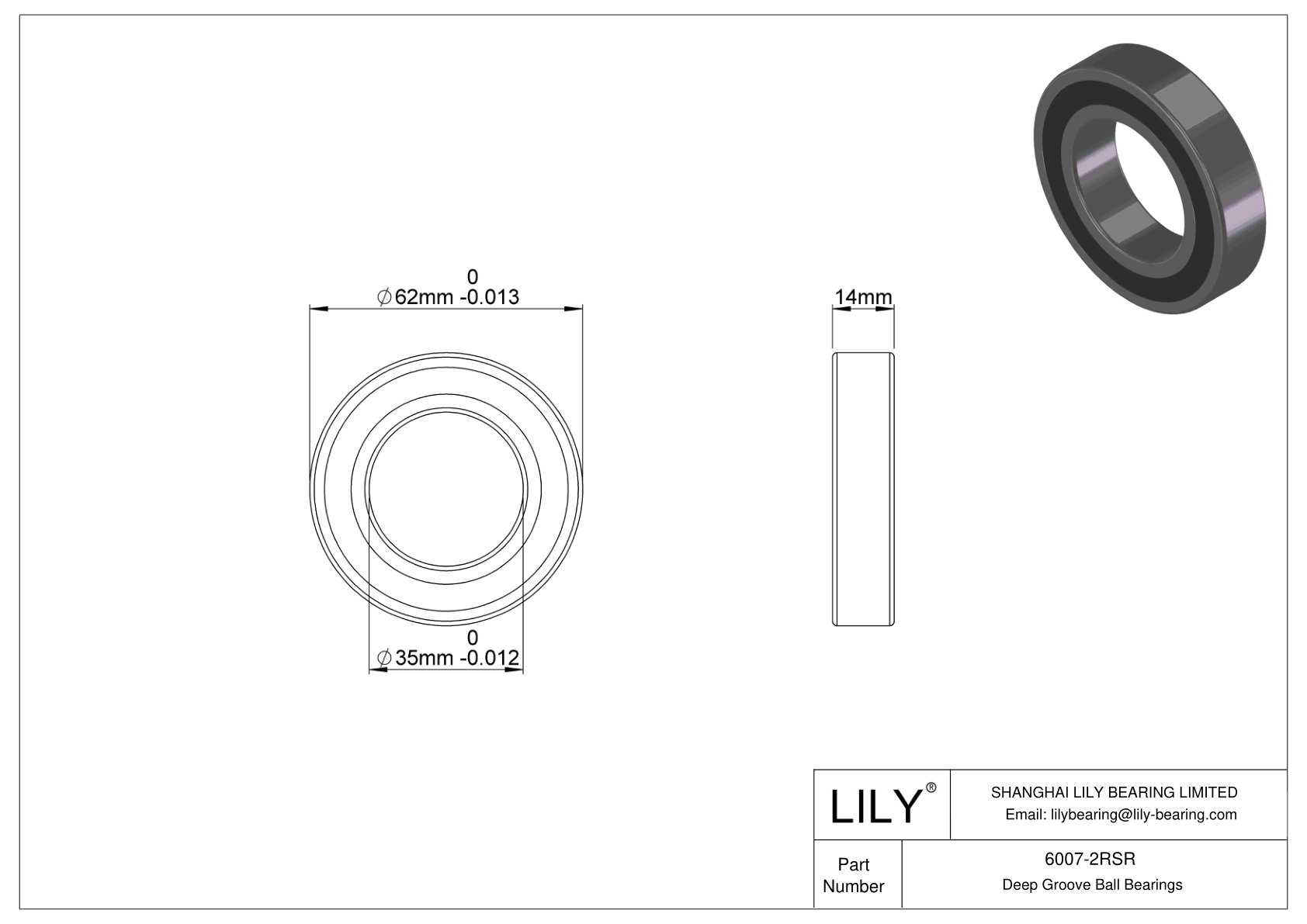 6007-2RSR Rodamiento general de bolas de ranura profunda cad drawing