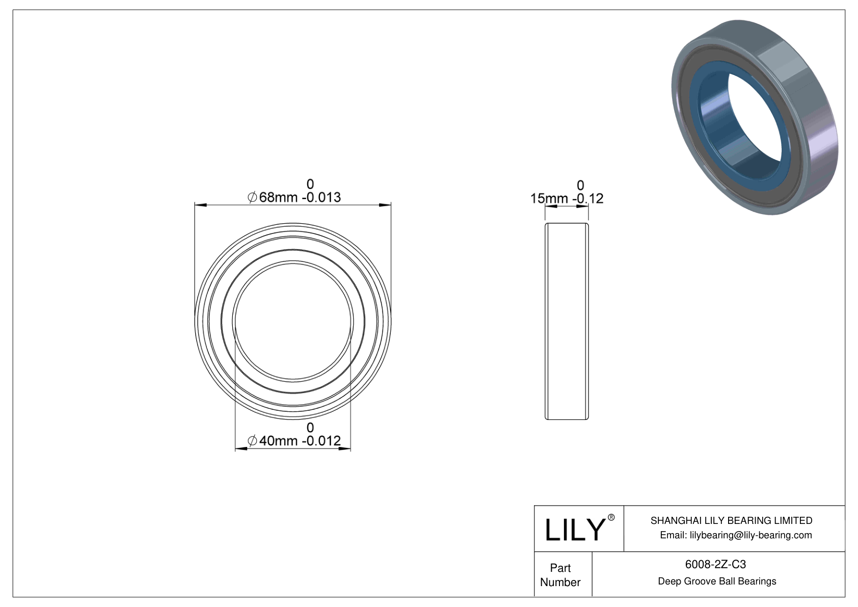 6008-2Z-C3 General Deep Groove Ball Bearing cad drawing