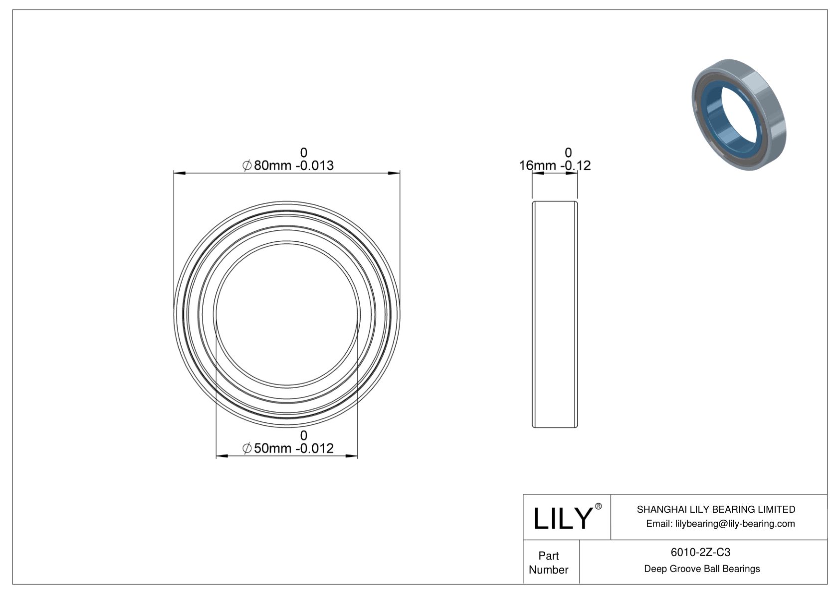 6010-2Z-C3 General Deep Groove Ball Bearing cad drawing