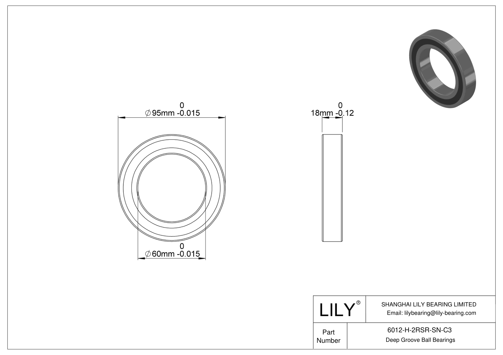 6012-H-2RSR-SN-C3 General Deep Groove Ball Bearing cad drawing