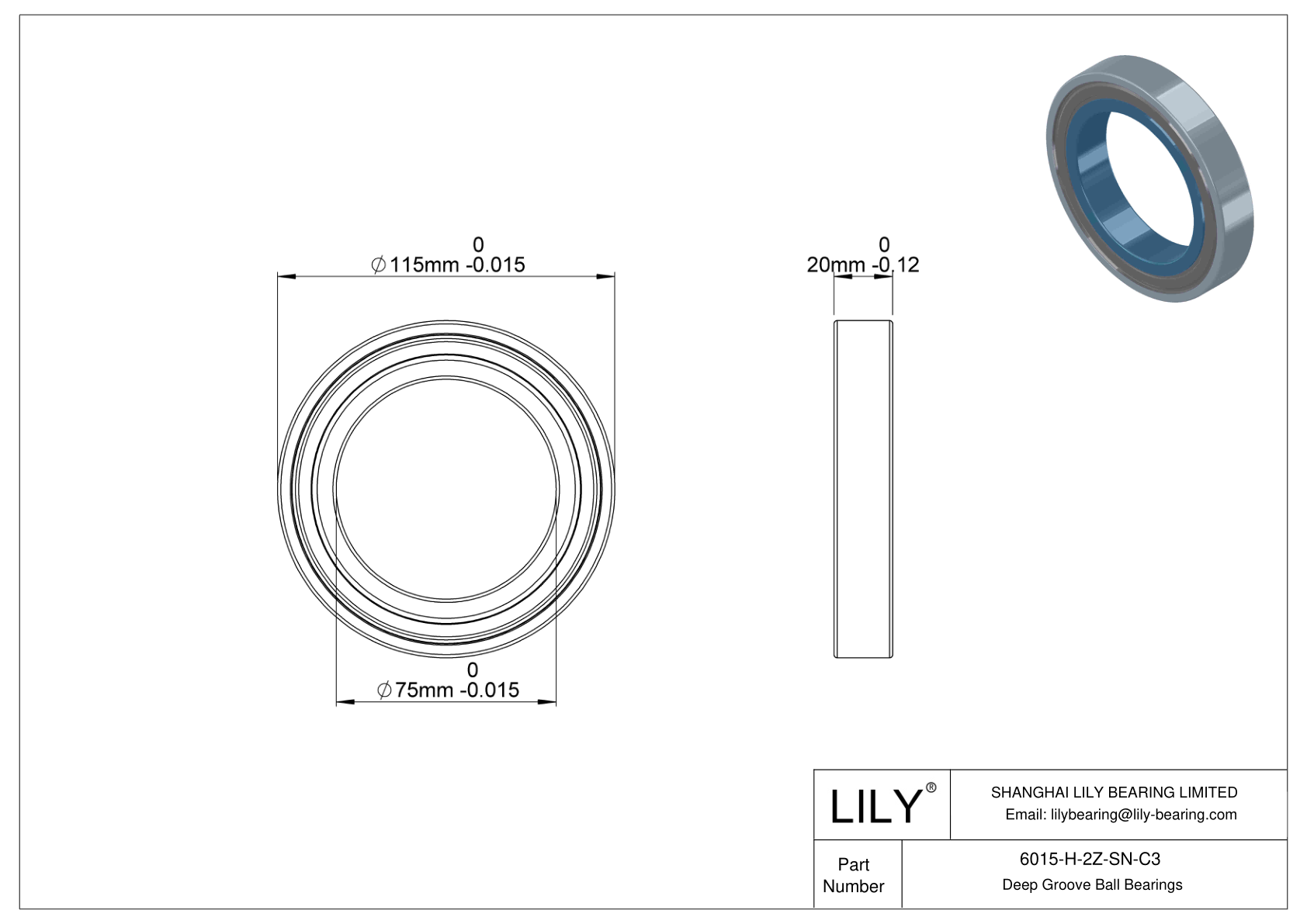 6015-H-2Z-SN-C3 General Deep Groove Ball Bearing cad drawing