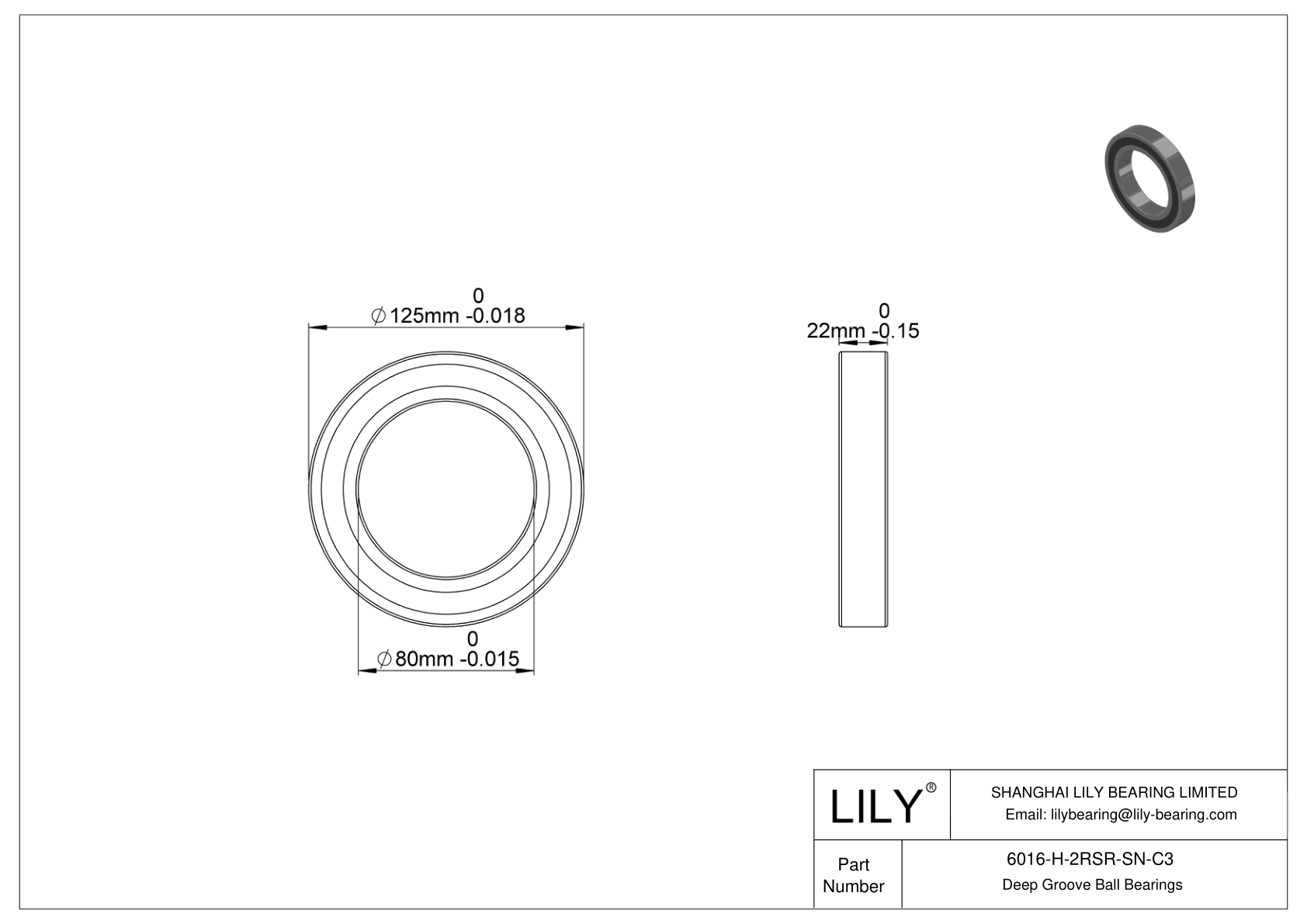 6016-H-2RSR-SN-C3 General Deep Groove Ball Bearing cad drawing