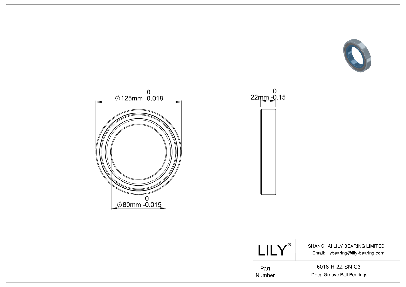 6016-H-2Z-SN-C3 Rodamiento general de bolas de ranura profunda cad drawing