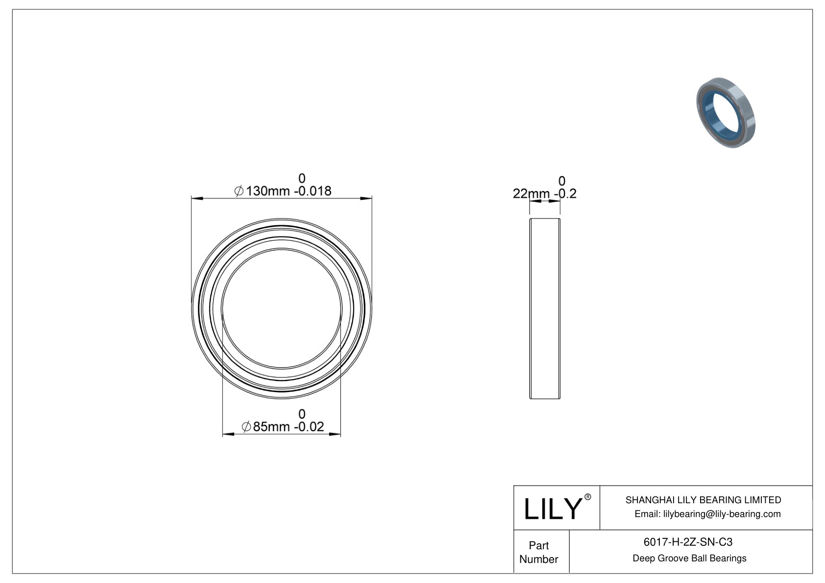 6017-H-2Z-SN-C3 通用深沟球轴承 cad drawing