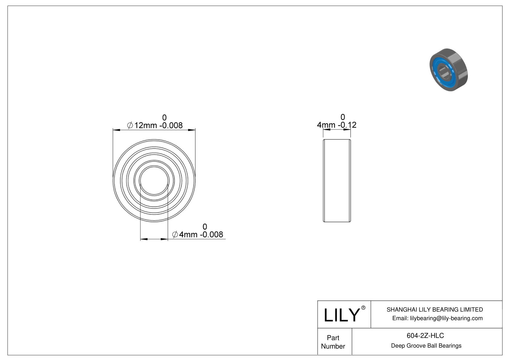 604-2Z-HLC General Deep Groove Ball Bearing cad drawing