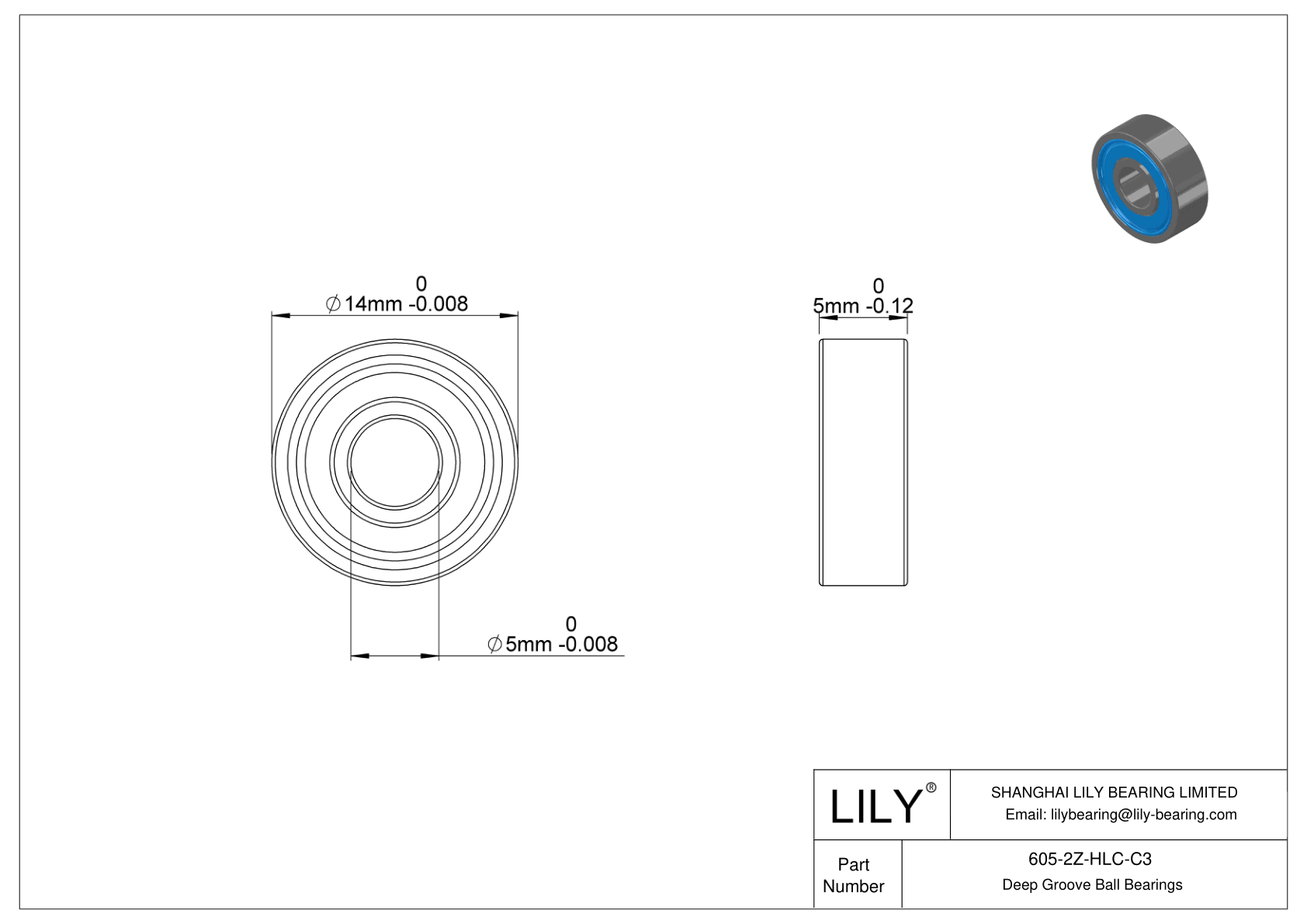 605-2Z-HLC-C3 General Deep Groove Ball Bearing cad drawing
