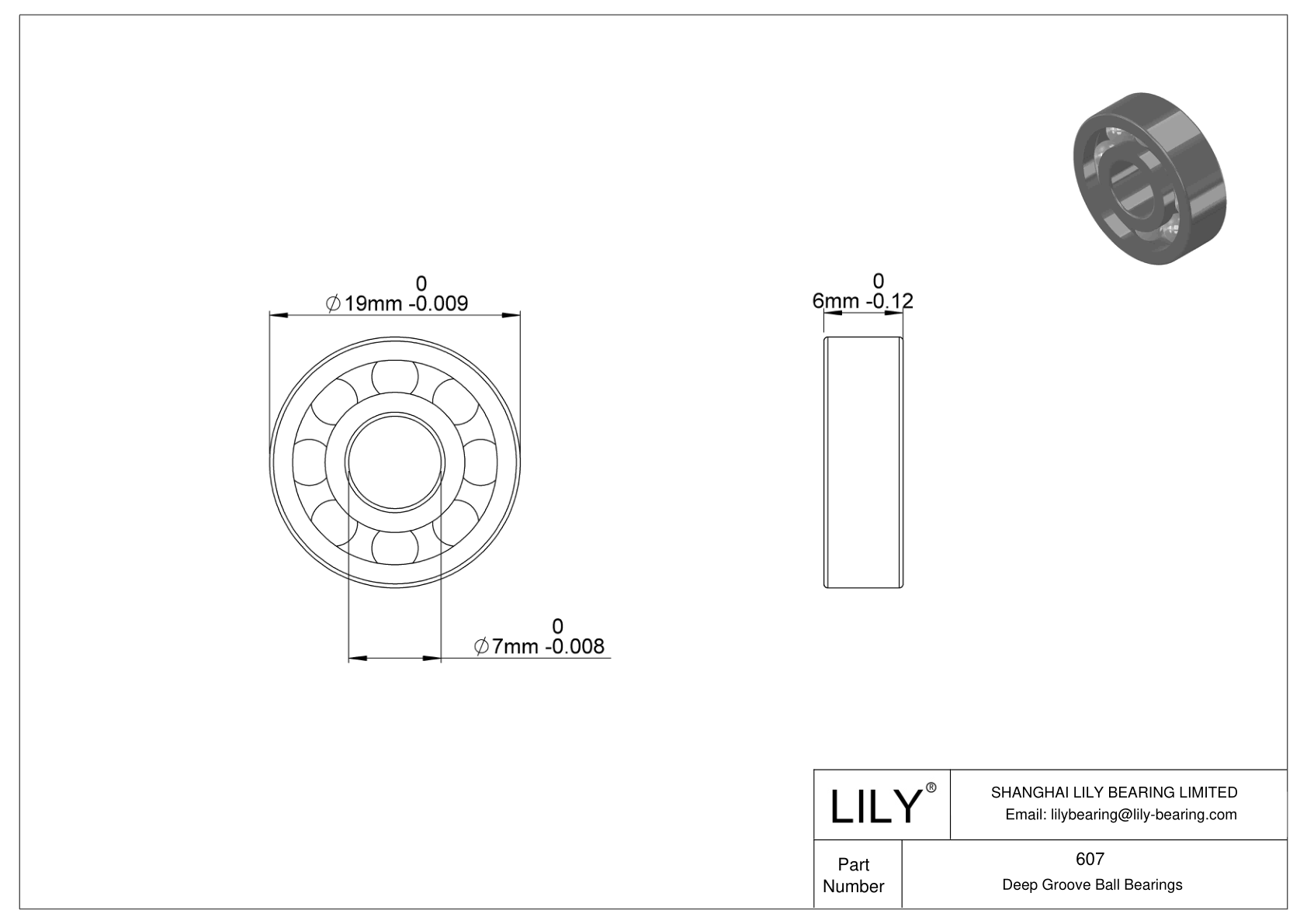 607 General Deep Groove Ball Bearing cad drawing