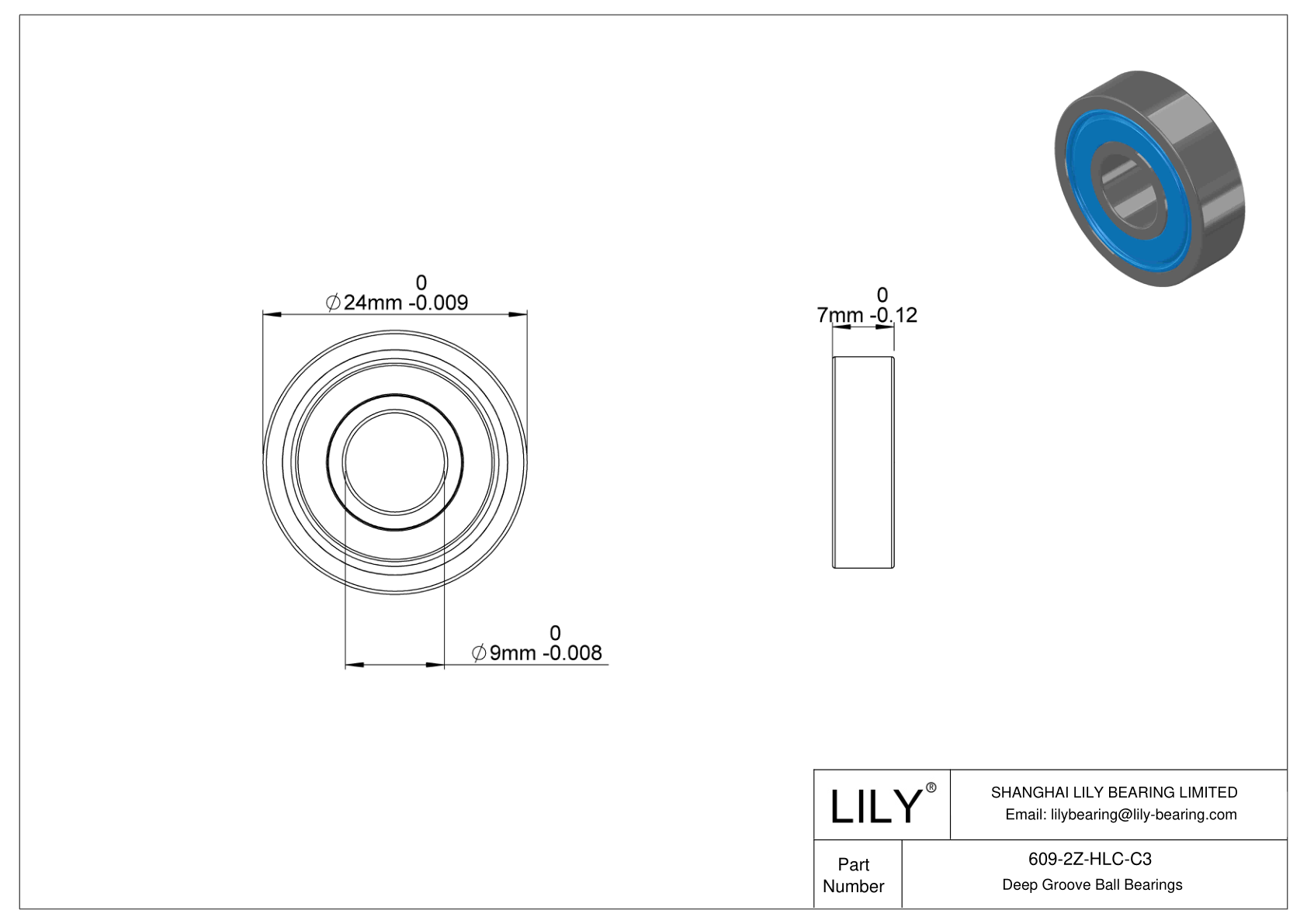 609-2Z-HLC-C3 General Deep Groove Ball Bearing cad drawing