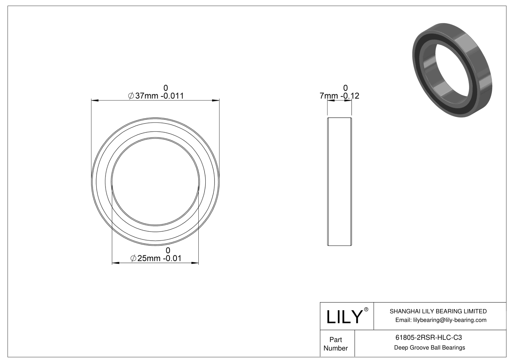 61805-2RSR-HLC-C3 General Deep Groove Ball Bearing cad drawing