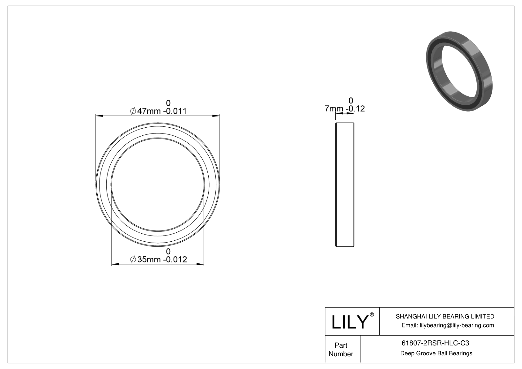 61807-2RSR-HLC-C3 General Deep Groove Ball Bearing cad drawing