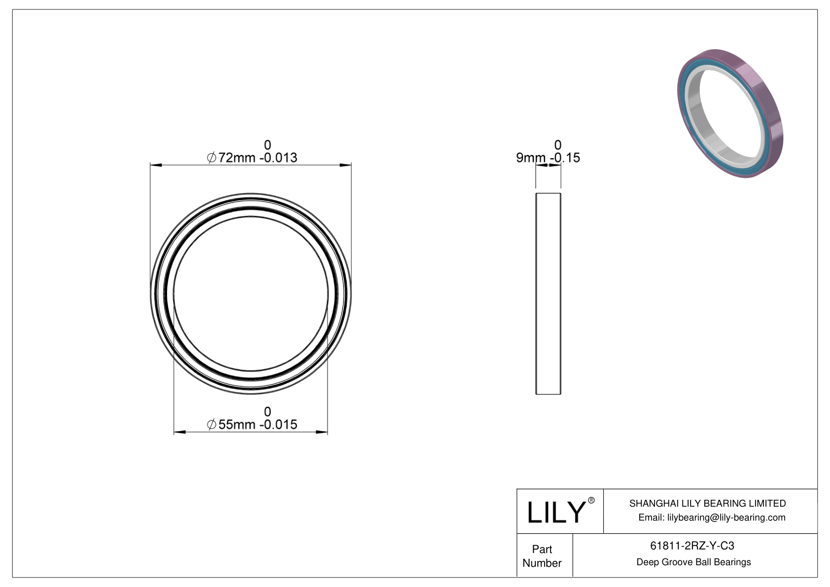 61811-2RZ-Y-C3 General Deep Groove Ball Bearing cad drawing