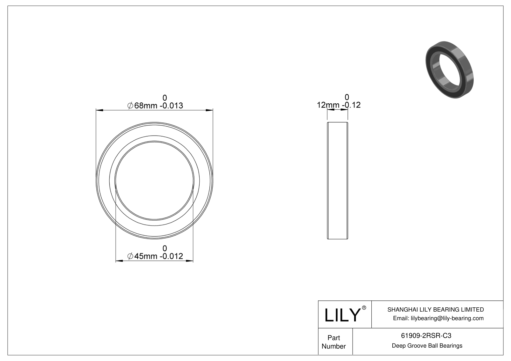 61909-2RSR-C3 General Deep Groove Ball Bearing cad drawing