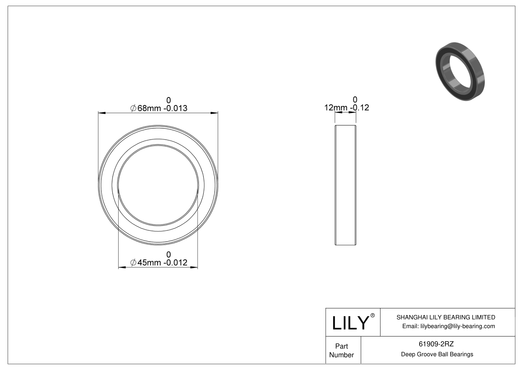 61909-2RZ Rodamiento general de bolas de ranura profunda cad drawing