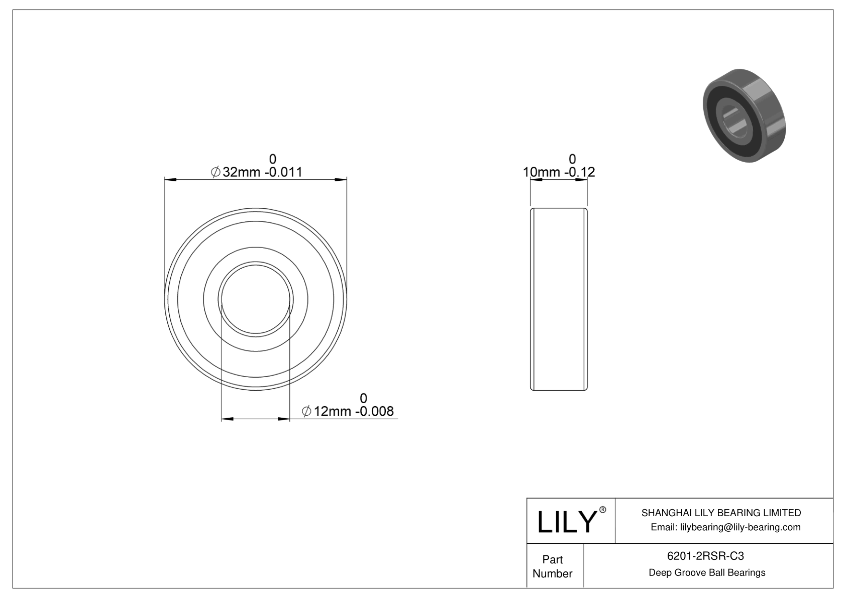 6201-2RSR-C3 General Deep Groove Ball Bearing cad drawing