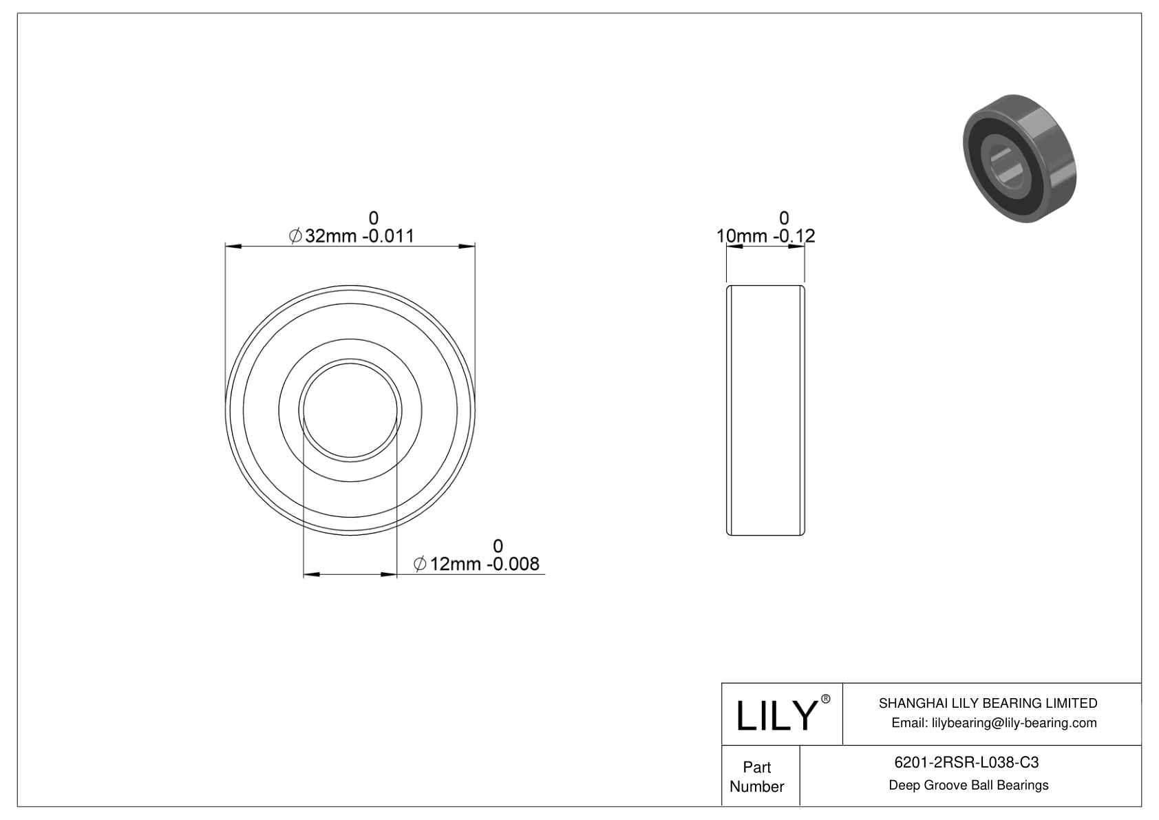 6201-2RSR-L038-C3 General Deep Groove Ball Bearing cad drawing