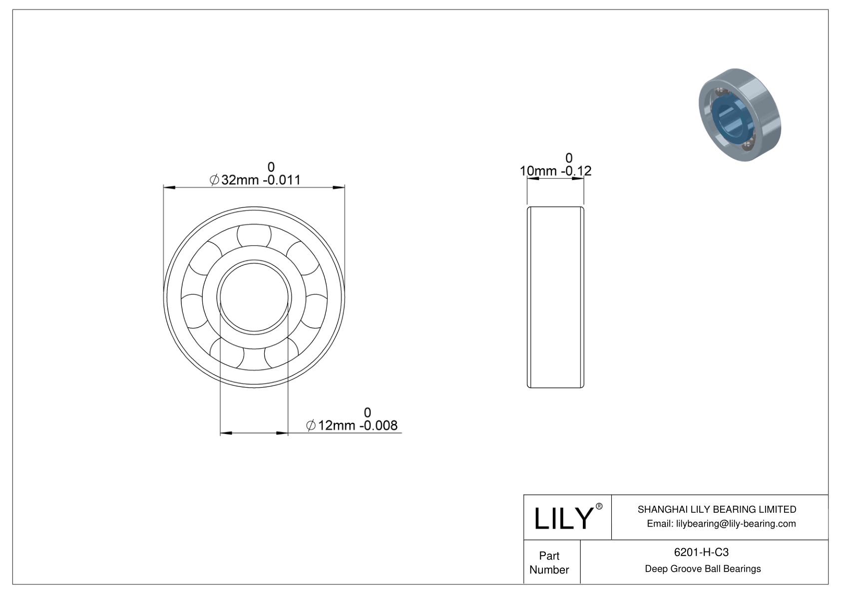 6201-H-C3 General Deep Groove Ball Bearing cad drawing