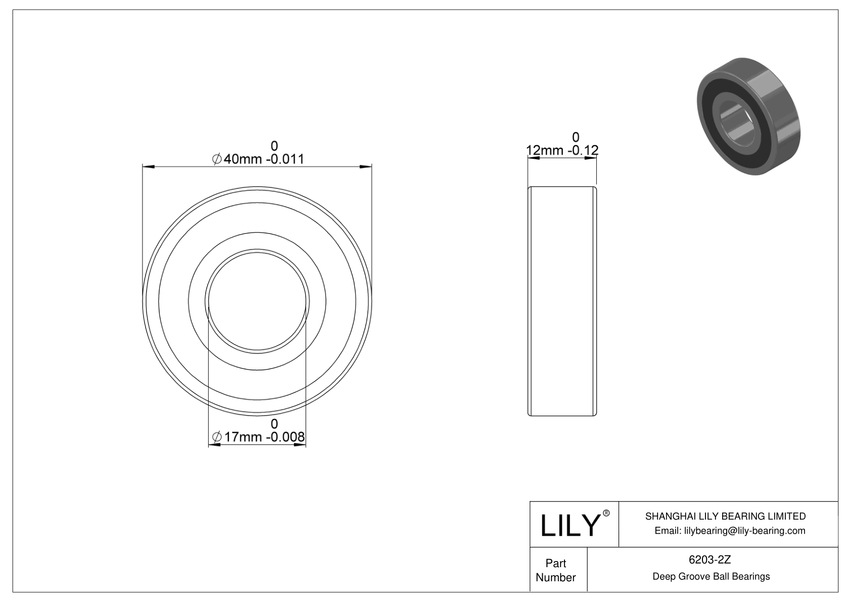 6203-2Z General Deep Groove Ball Bearing cad drawing