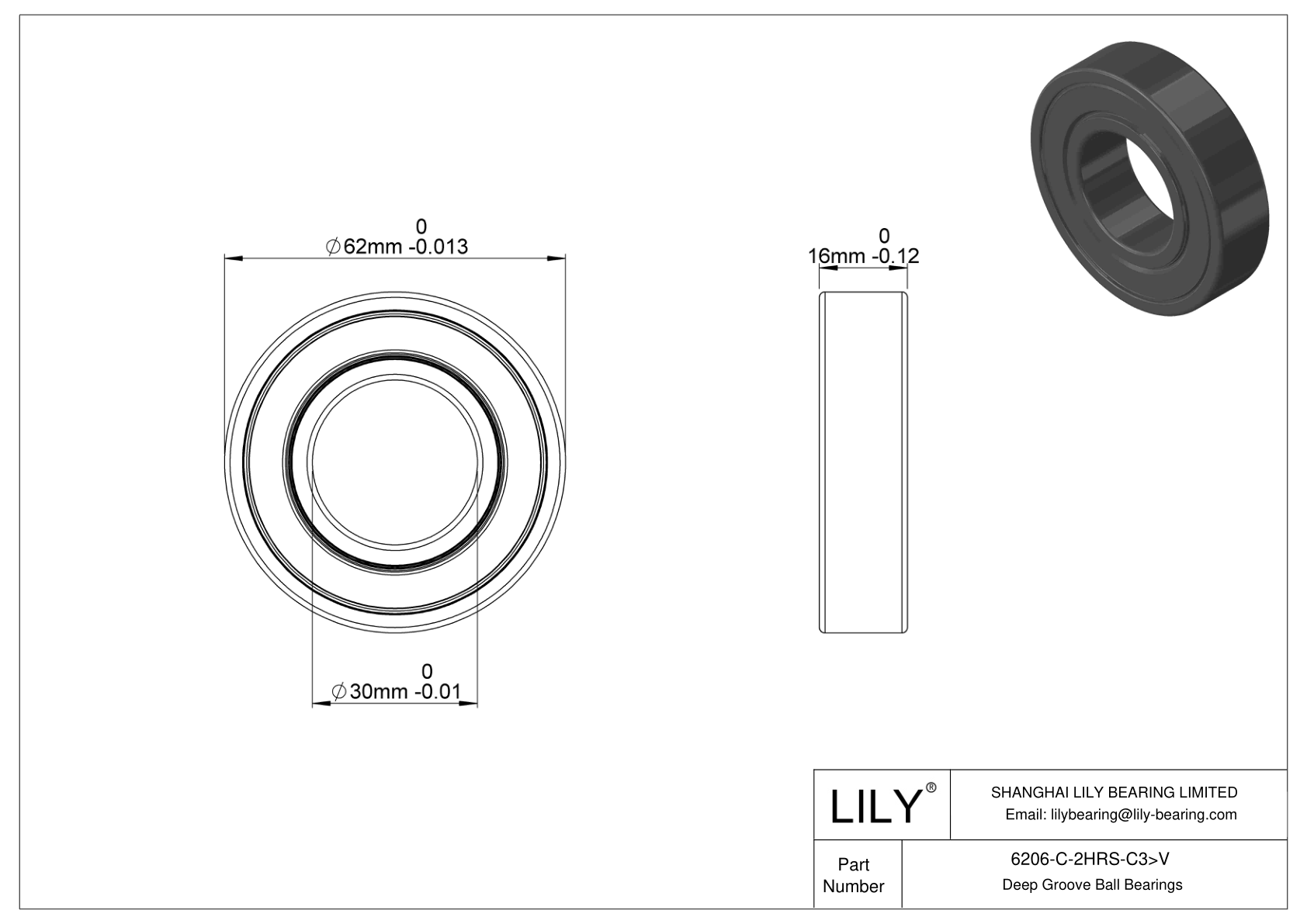 6206-C-2HRS-C3>V General Deep Groove Ball Bearing cad drawing