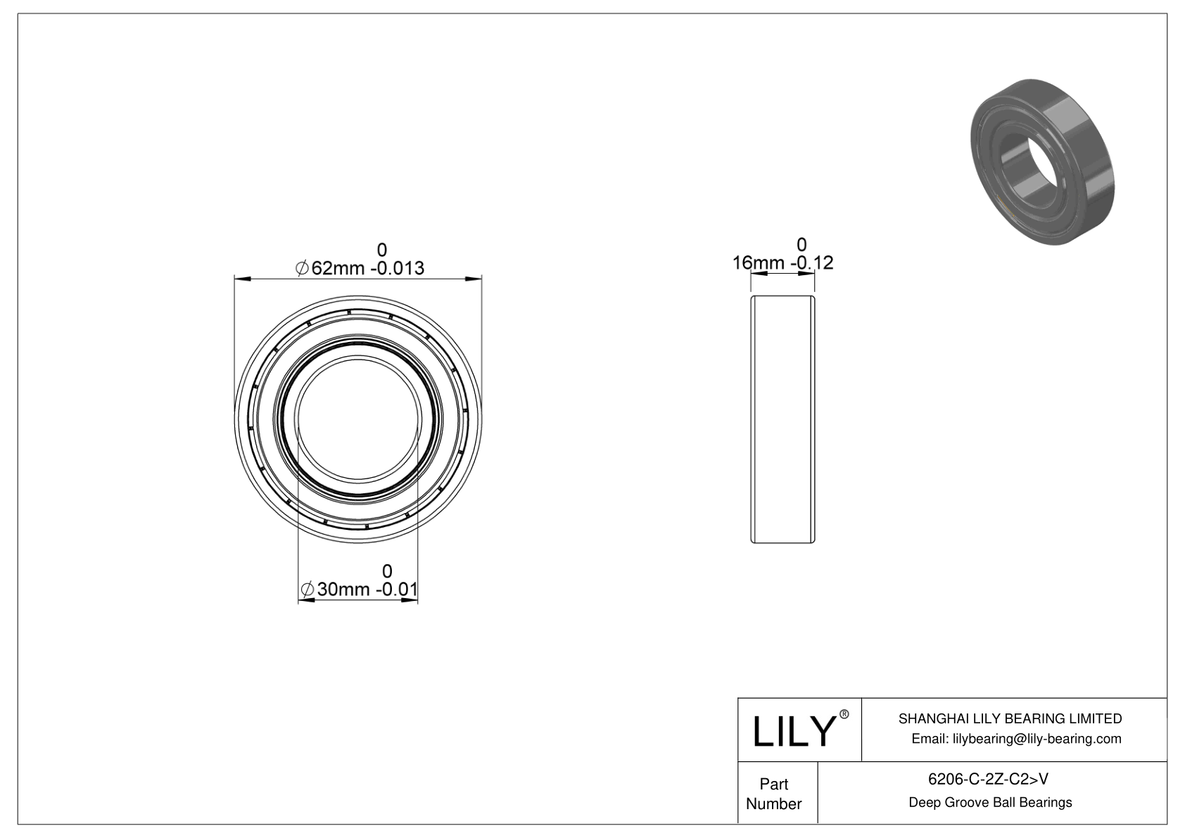 6206-C-2Z-C2>V General Deep Groove Ball Bearing cad drawing