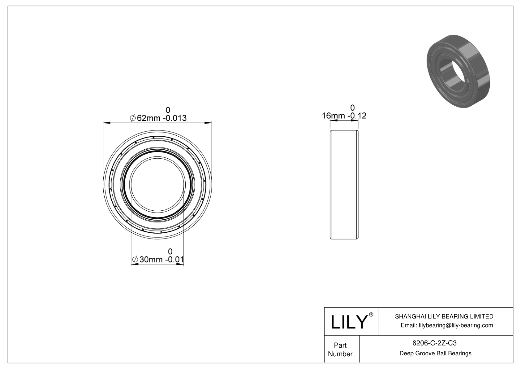 6206-C-2Z-C3 General Deep Groove Ball Bearing cad drawing