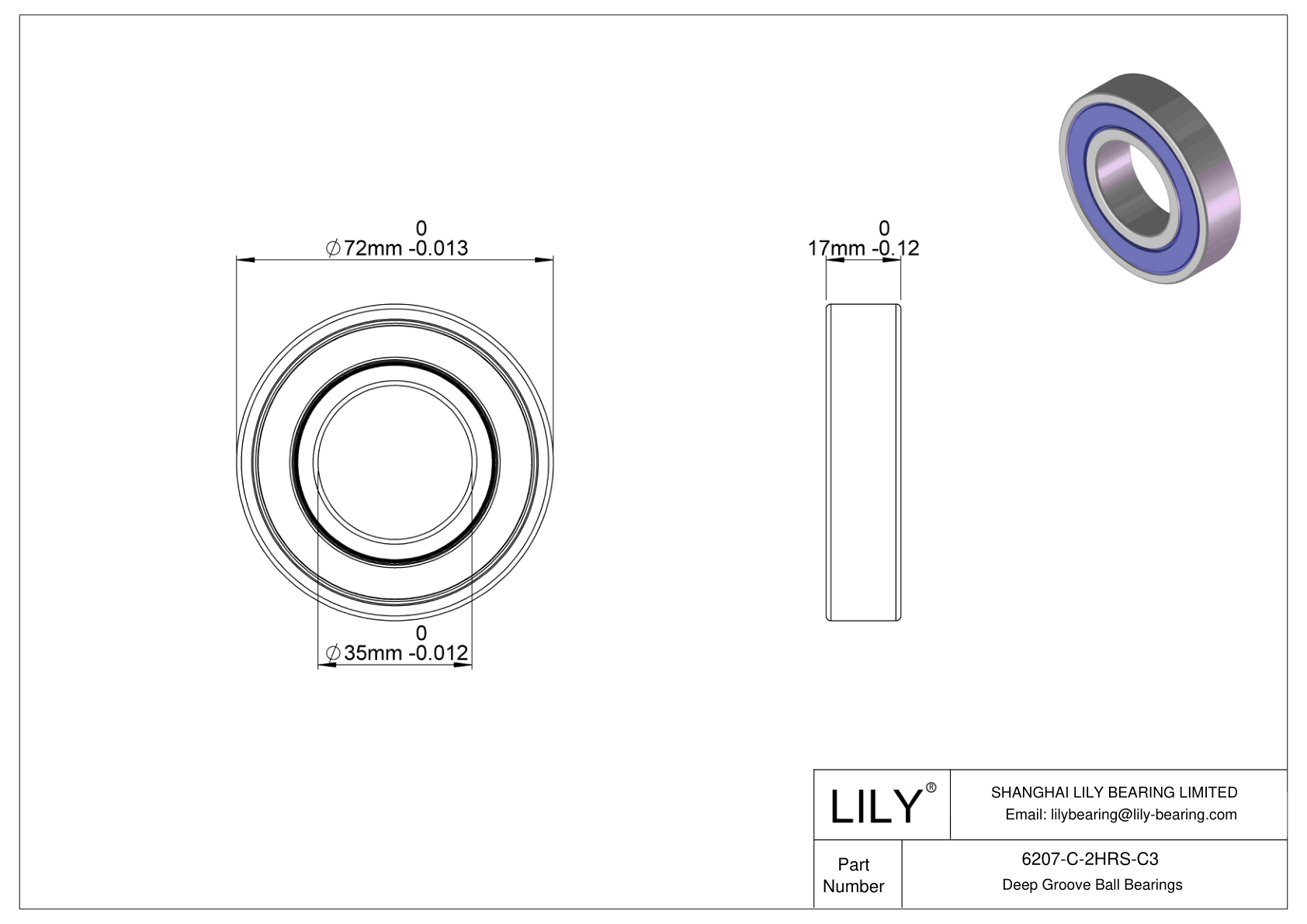 6207-C-2HRS-C3 General Deep Groove Ball Bearing cad drawing