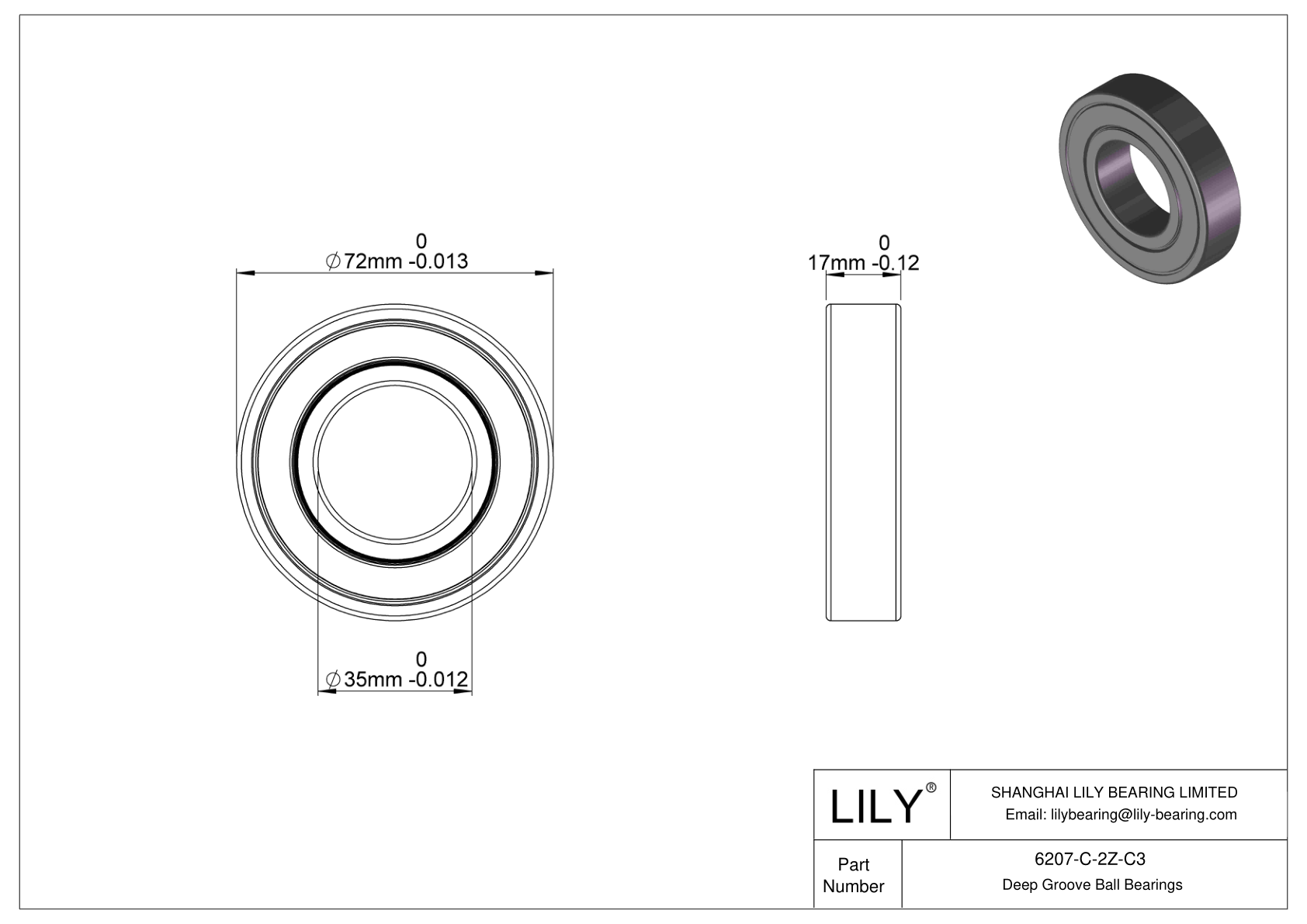 6207-C-2Z-C3 General Deep Groove Ball Bearing cad drawing