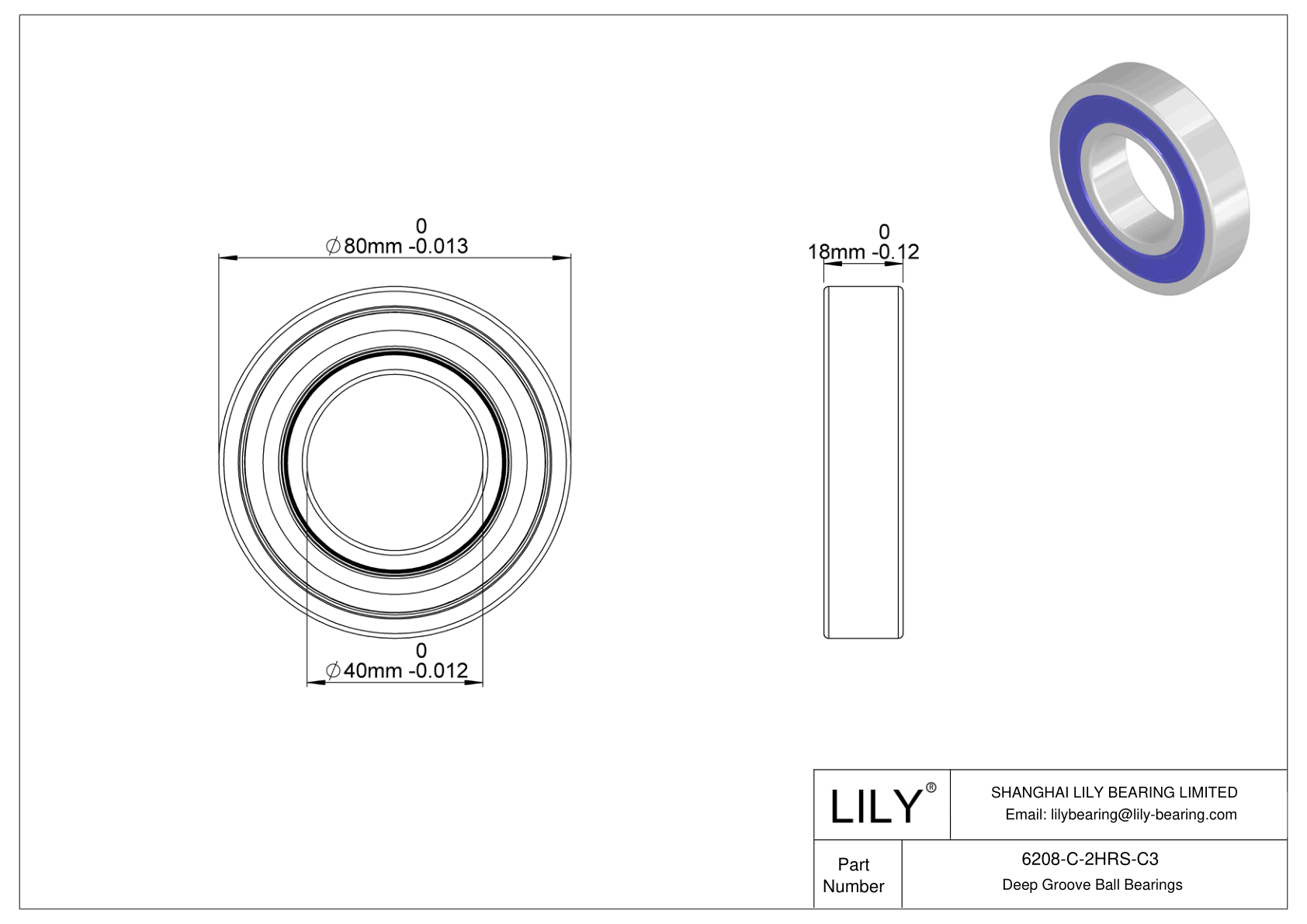 6208-C-2HRS-C3 General Deep Groove Ball Bearing cad drawing