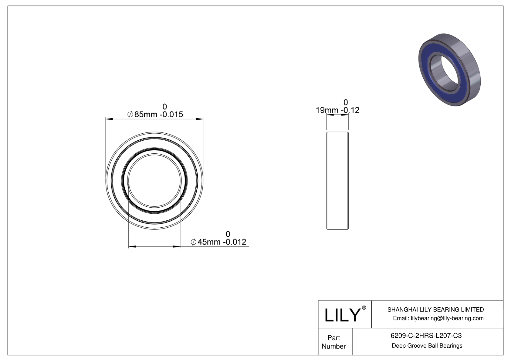 6209-C-2HRS-L207-C3 General Deep Groove Ball Bearing cad drawing