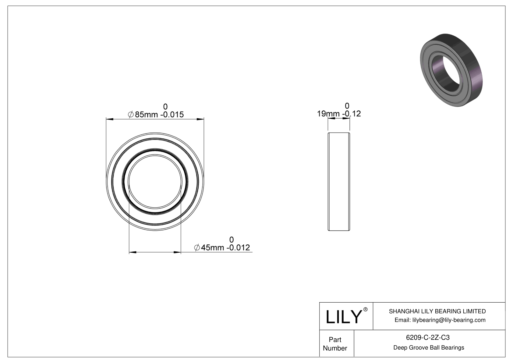 6209-C-2Z-C3 General Deep Groove Ball Bearing cad drawing