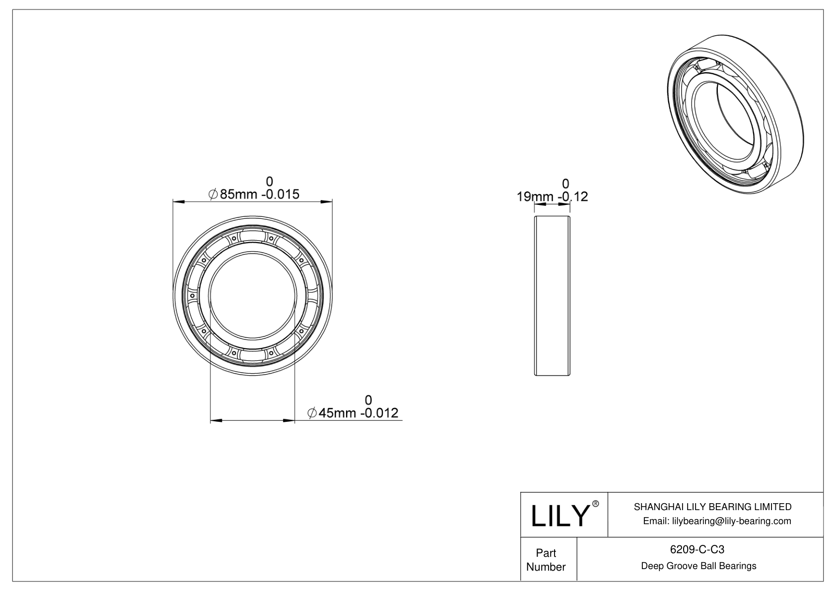 6209-C-C3 General Deep Groove Ball Bearing cad drawing