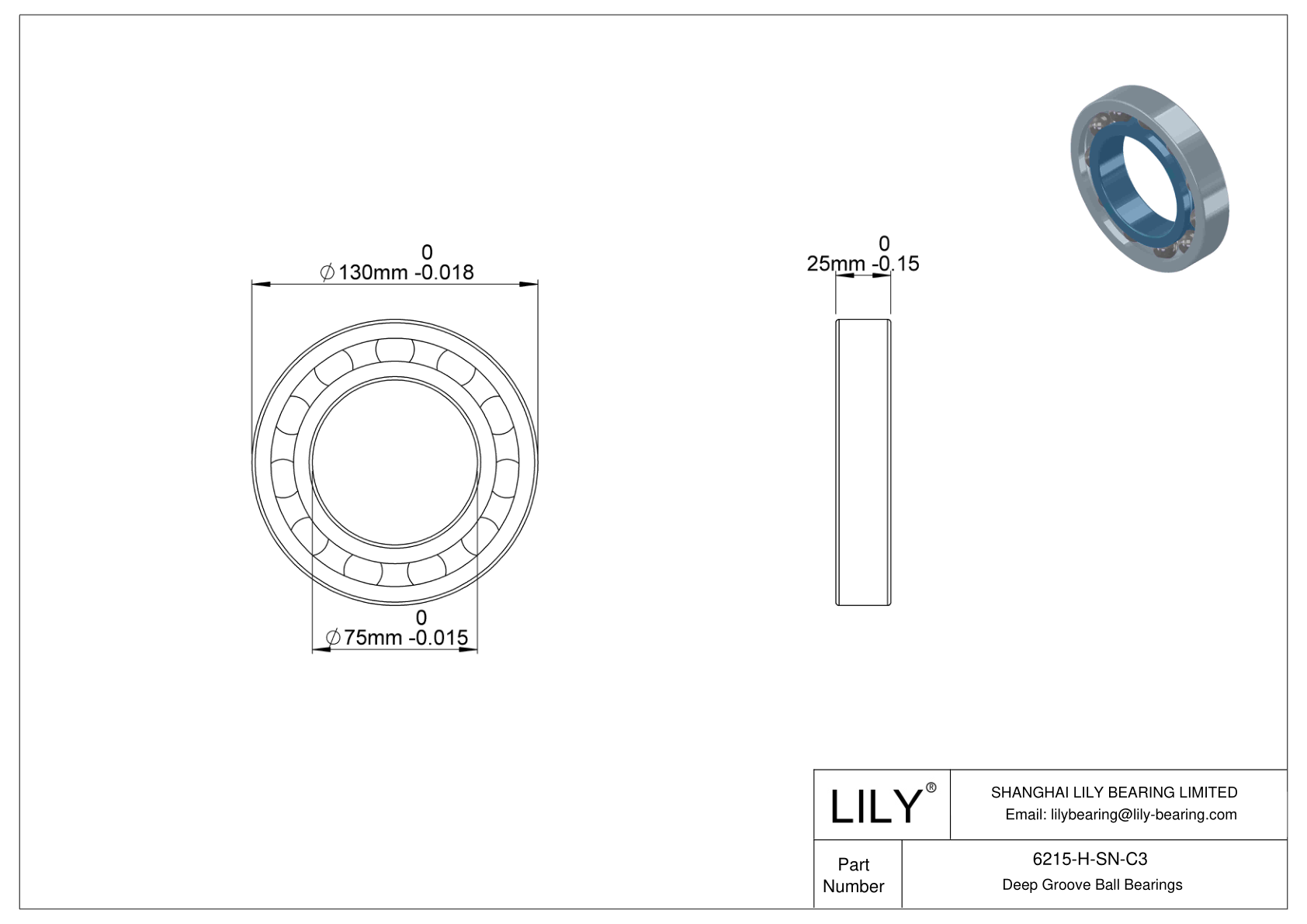 6215-H-SN-C3 General Deep Groove Ball Bearing cad drawing