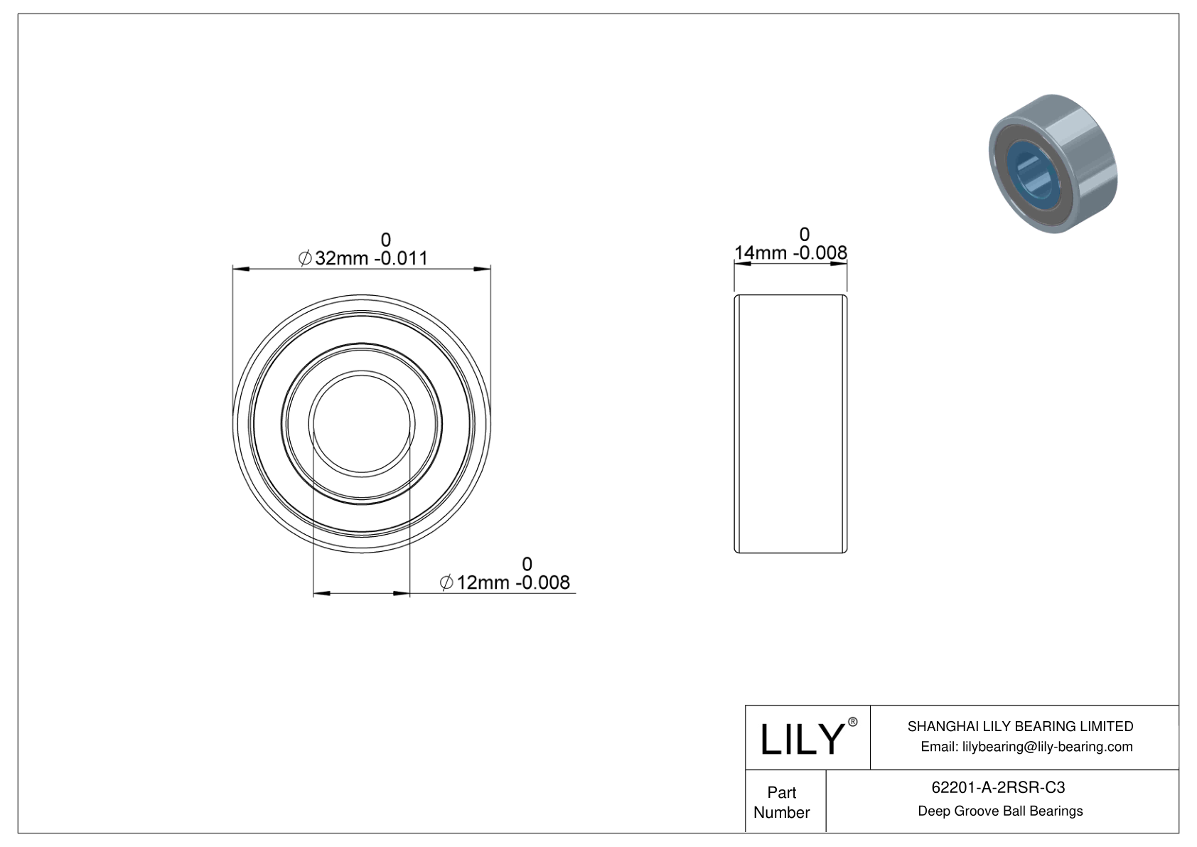 62201-A-2RSR-C3 Rodamiento general de bolas de ranura profunda cad drawing