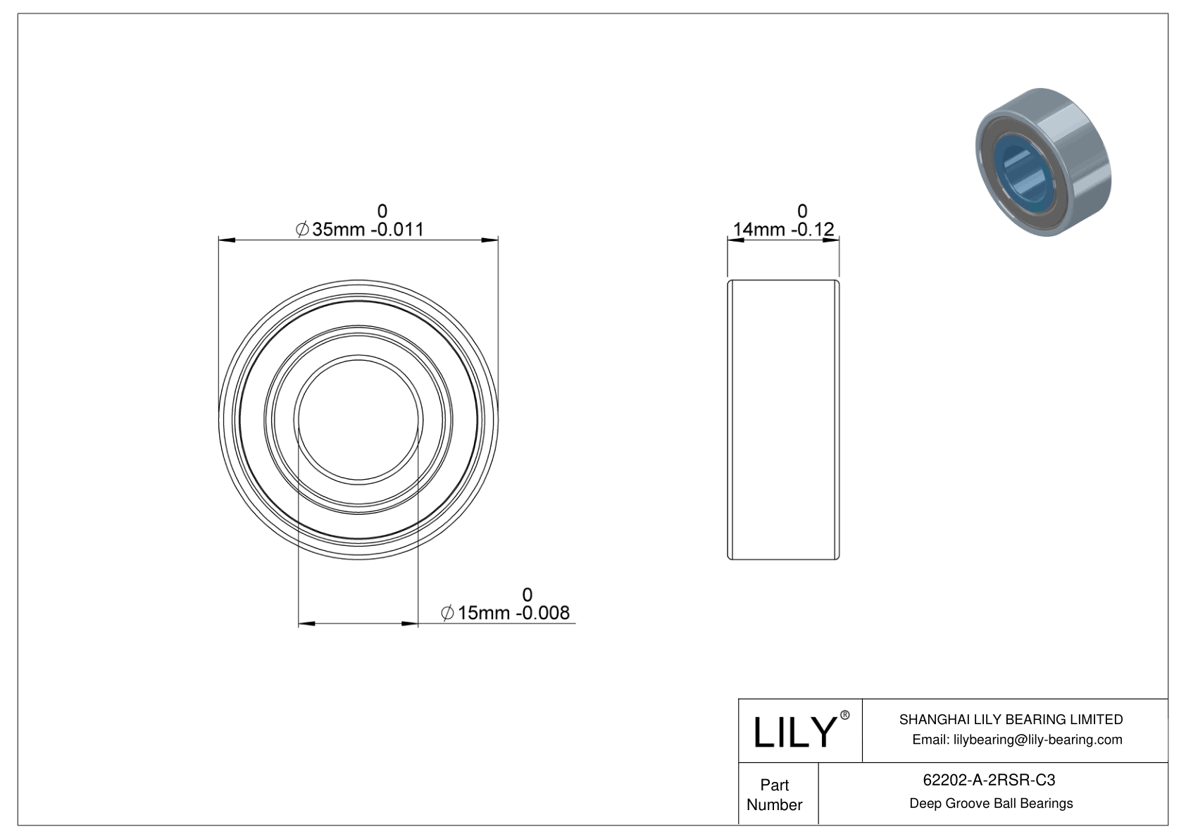 62202-A-2RSR-C3 General Deep Groove Ball Bearing cad drawing