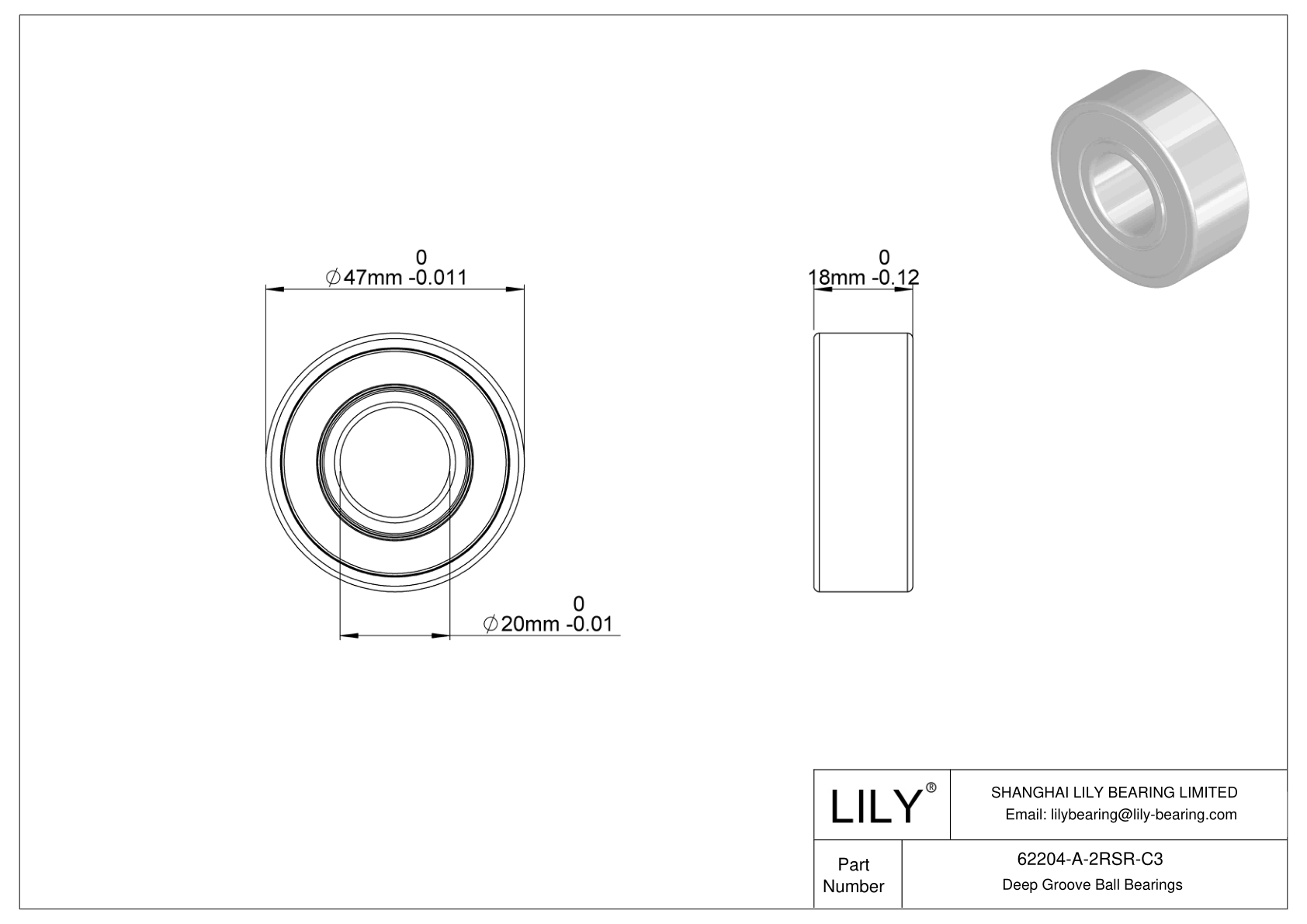 62204-A-2RSR-C3 Rodamiento general de bolas de ranura profunda cad drawing