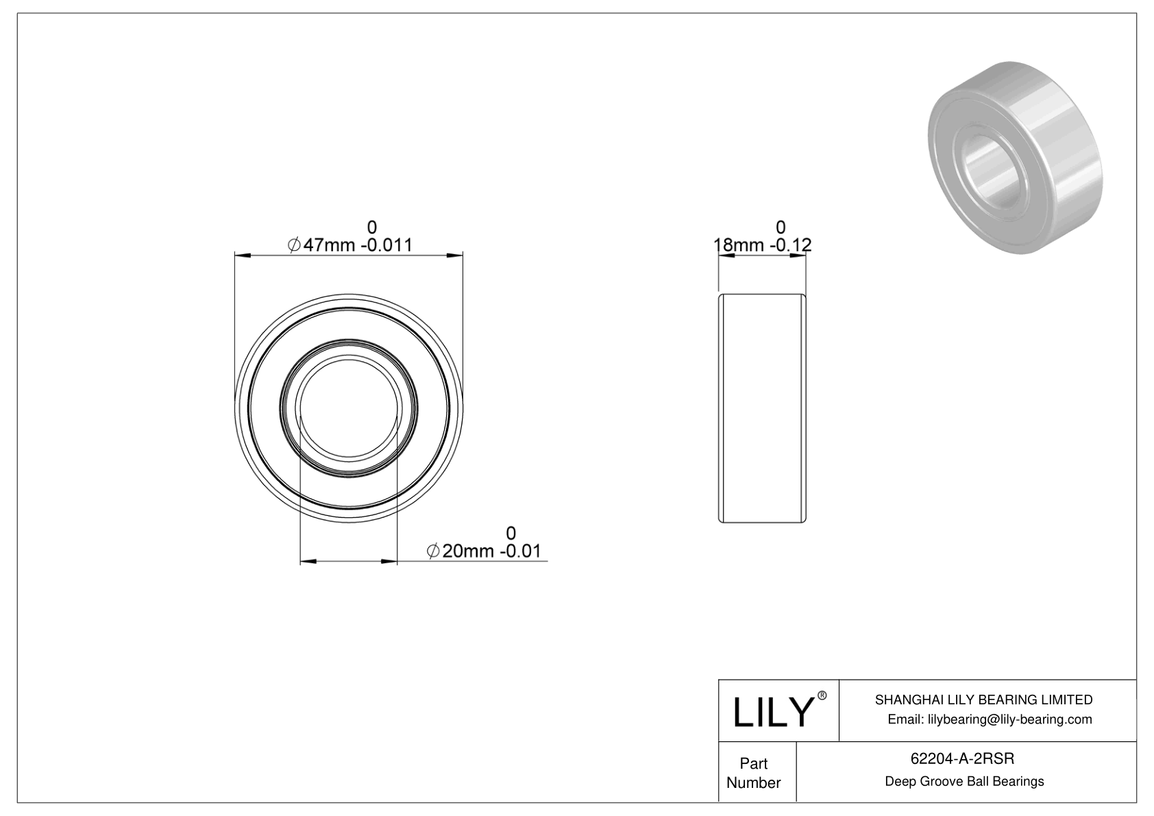 62204-A-2RSR General Deep Groove Ball Bearing cad drawing