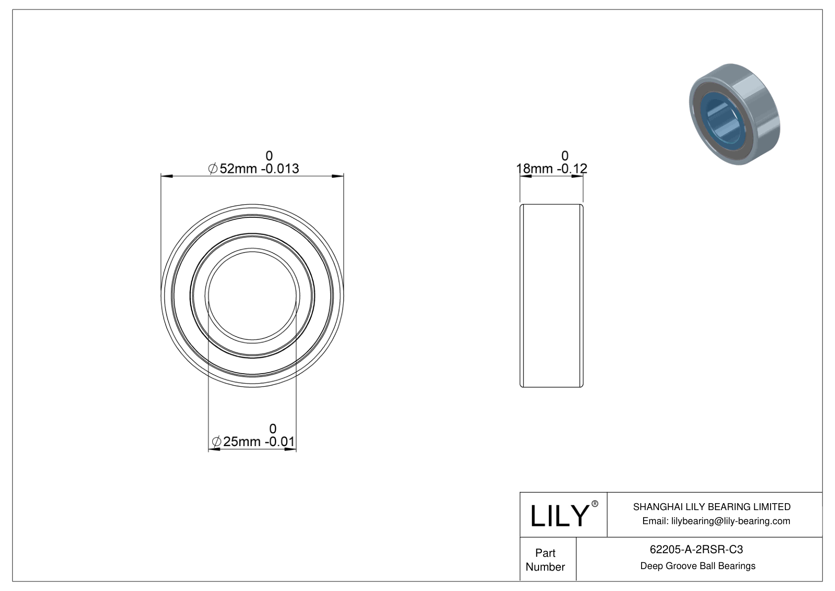 62205-A-2RSR-C3 General Deep Groove Ball Bearing cad drawing