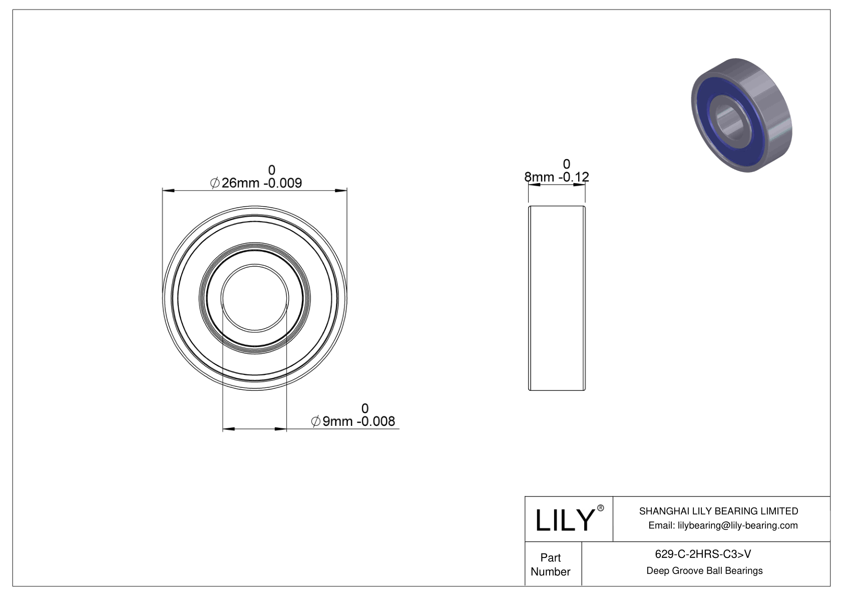 629-C-2HRS-C3>V General Deep Groove Ball Bearing cad drawing