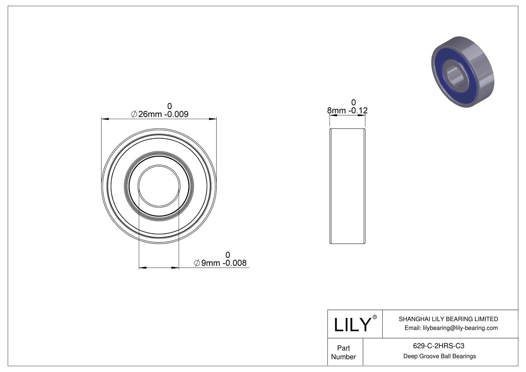 629-C-2HRS-C3 General Deep Groove Ball Bearing cad drawing