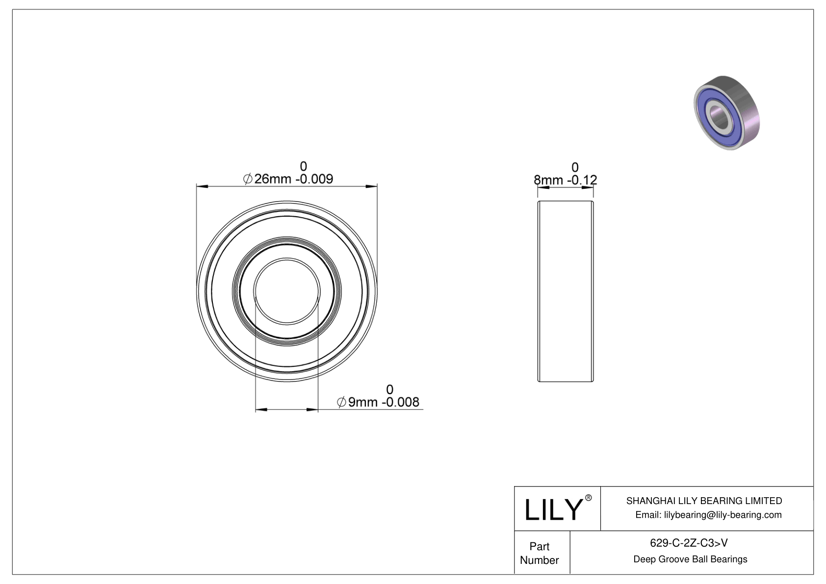 629-C-2Z-C3>V Rodamiento general de bolas de ranura profunda cad drawing