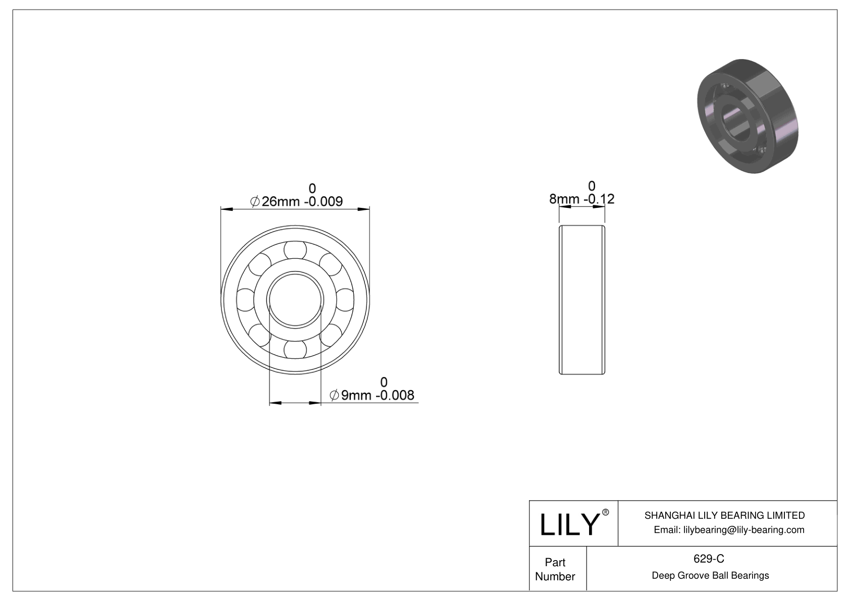 629-C General Deep Groove Ball Bearing cad drawing