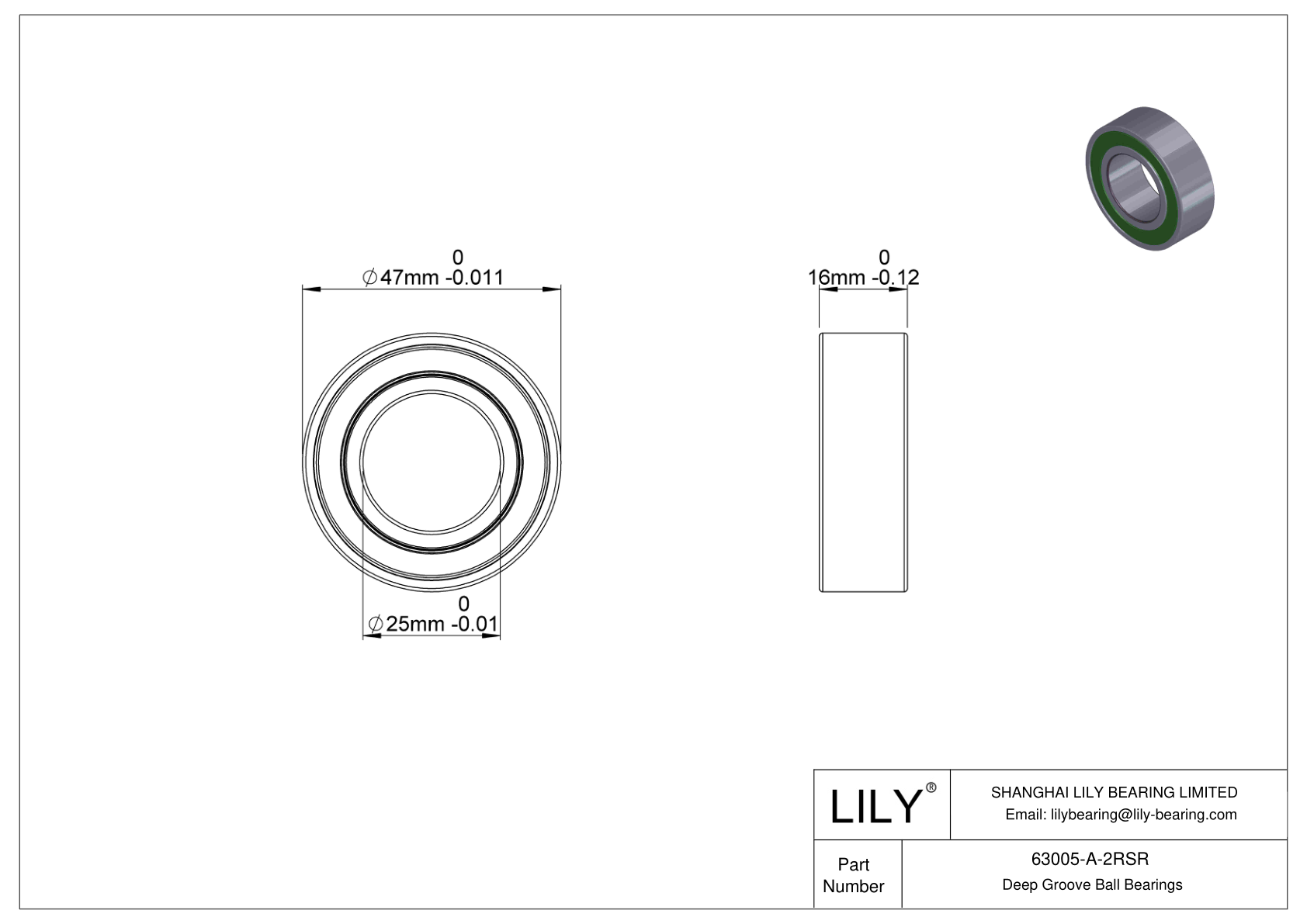 63005-A-2RSR General Deep Groove Ball Bearing cad drawing