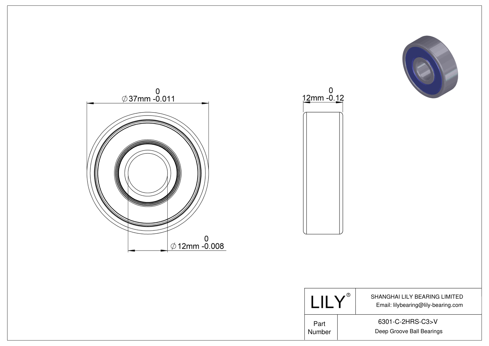 6301-C-2HRS-C3>V General Deep Groove Ball Bearing cad drawing