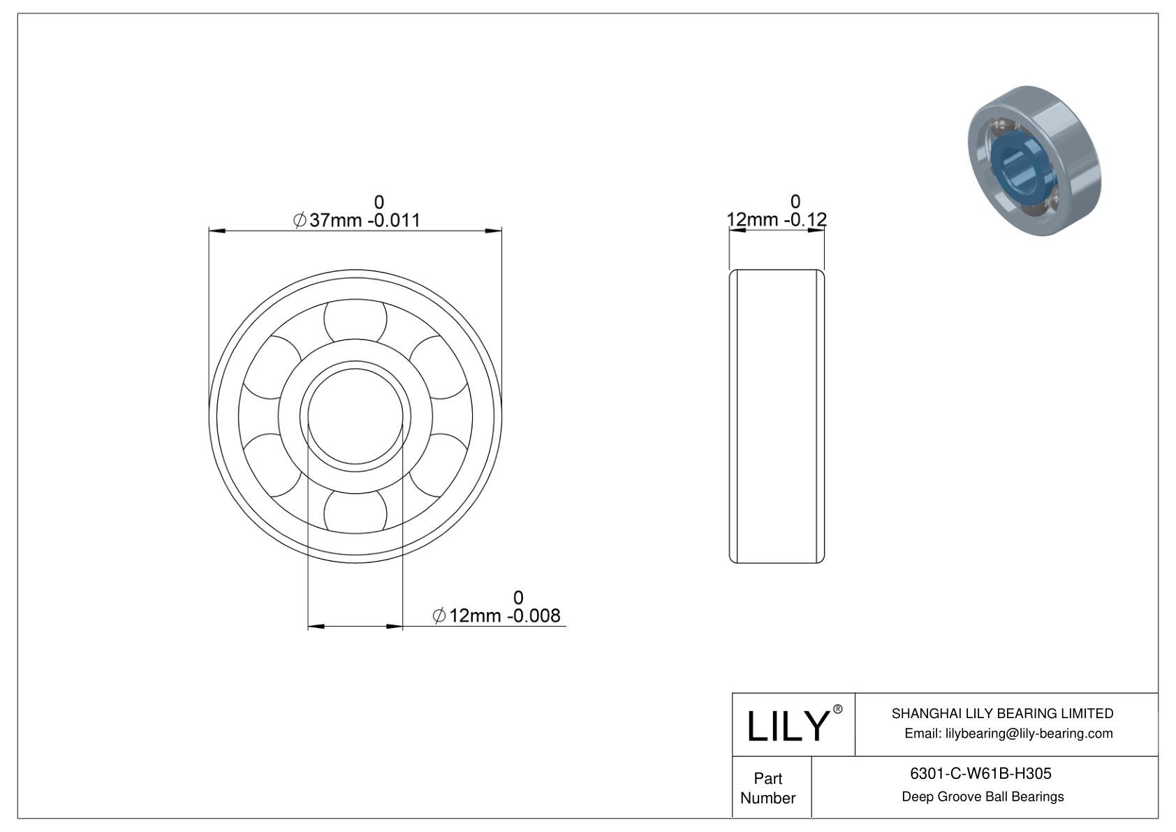 6301-C-W61B-H305 Rodamiento general de bolas de ranura profunda cad drawing