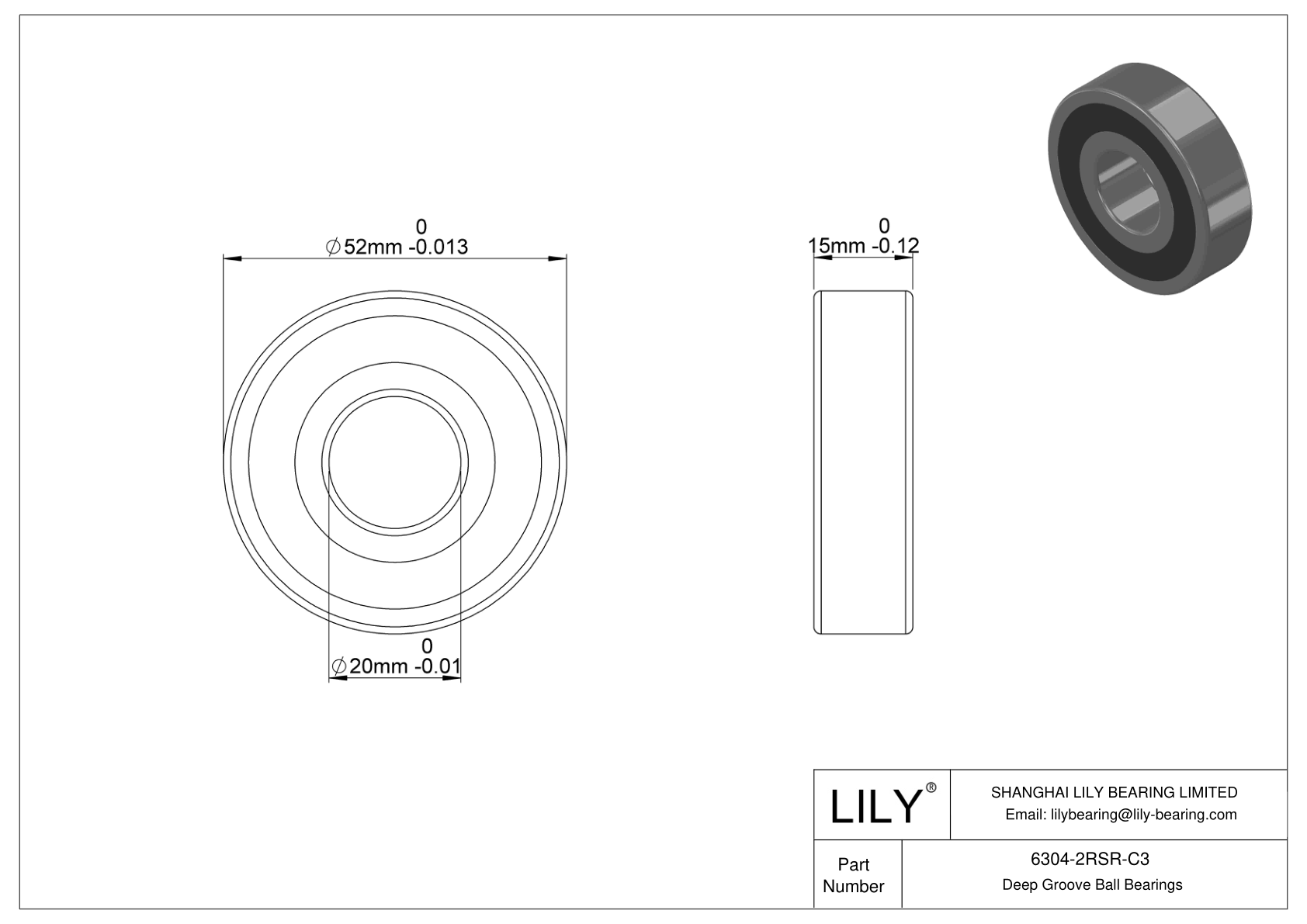 6304-2RSR-C3 General Deep Groove Ball Bearing cad drawing